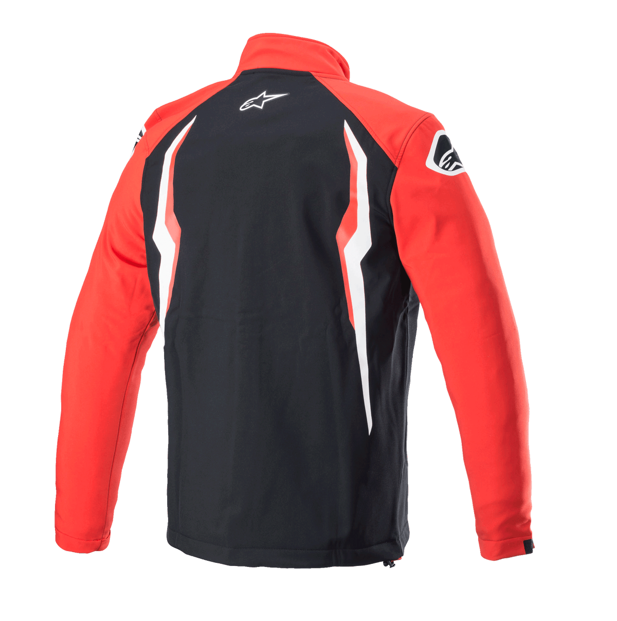 Alpinestars Honda Softshell jas, rood en zwart, achteraanzicht met zwart middenpaneel en rode mouwen, witte en rode contrastgraphics, Alpinestars-logo op de nek en schouder, sportief softshell-ontwerp geïnspireerd op de motorsport