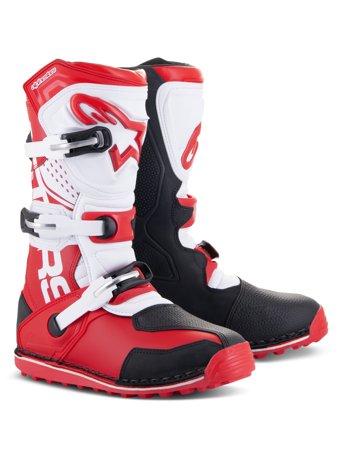 Alpinestars Tech-T laarzen, trial laarzen, helderrood, zwart en wit, voorzien van een witte ergonomische scheenplaat met rode merkdetails, drie verstelbare gespen, zwarte beschermende panelen en een rode zool met textuur voor optimale trial-prestaties
