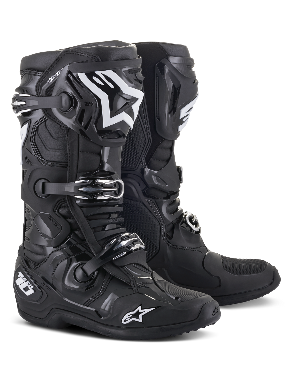 Alpinestars Tech 10 laarzen, motorcrosslaarzen, zwart, voorzien van witte Alpinestars-logo's, drievoudig gespsluitsysteem, robuuste TPU-schaal met versterkte enkelbescherming, gestroomlijnd ontwerp voor high-performance off-road racen
