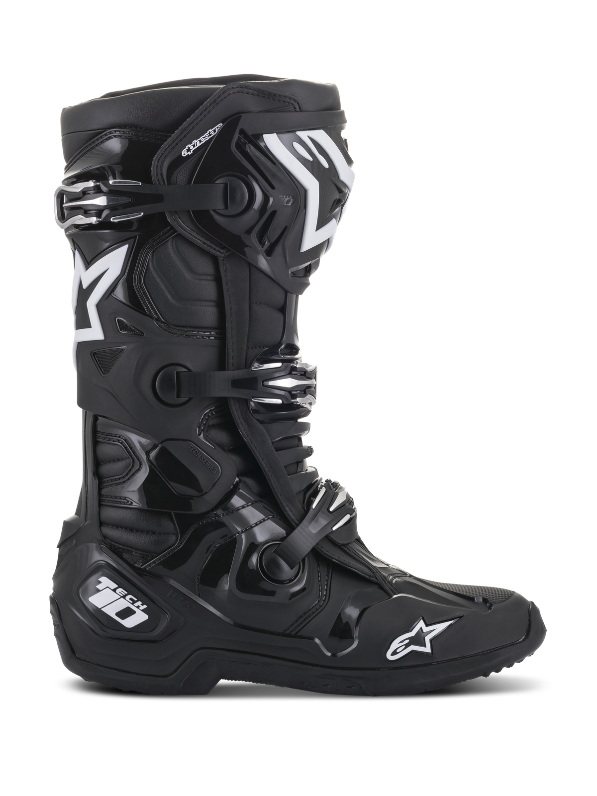 Alpinestars Tech 10 laarzen, motorcrosslaarzen, zwart, zijaanzicht met witte Alpinestars sterlogo's en Tech 10-branding, drievoudig gespsluitsysteem, robuuste TPU-schaal en microvezelconstructie voor professionele off-road races