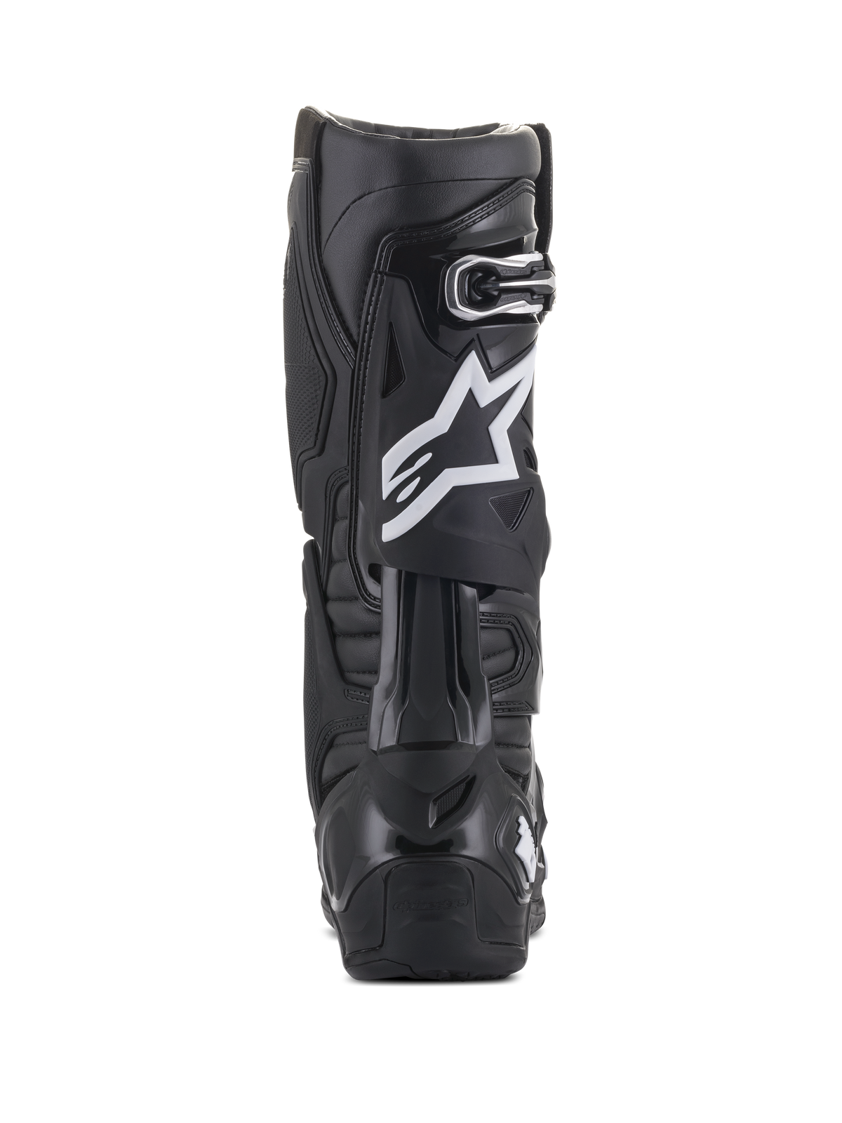 Alpinestars Tech 10 laarzen, zwart, achteraanzicht met wit sterlogo op de kuit, duurzame TPU-schaal en microvezelconstructie, ontworpen voor hoogwaardige motocross en off-road rijden