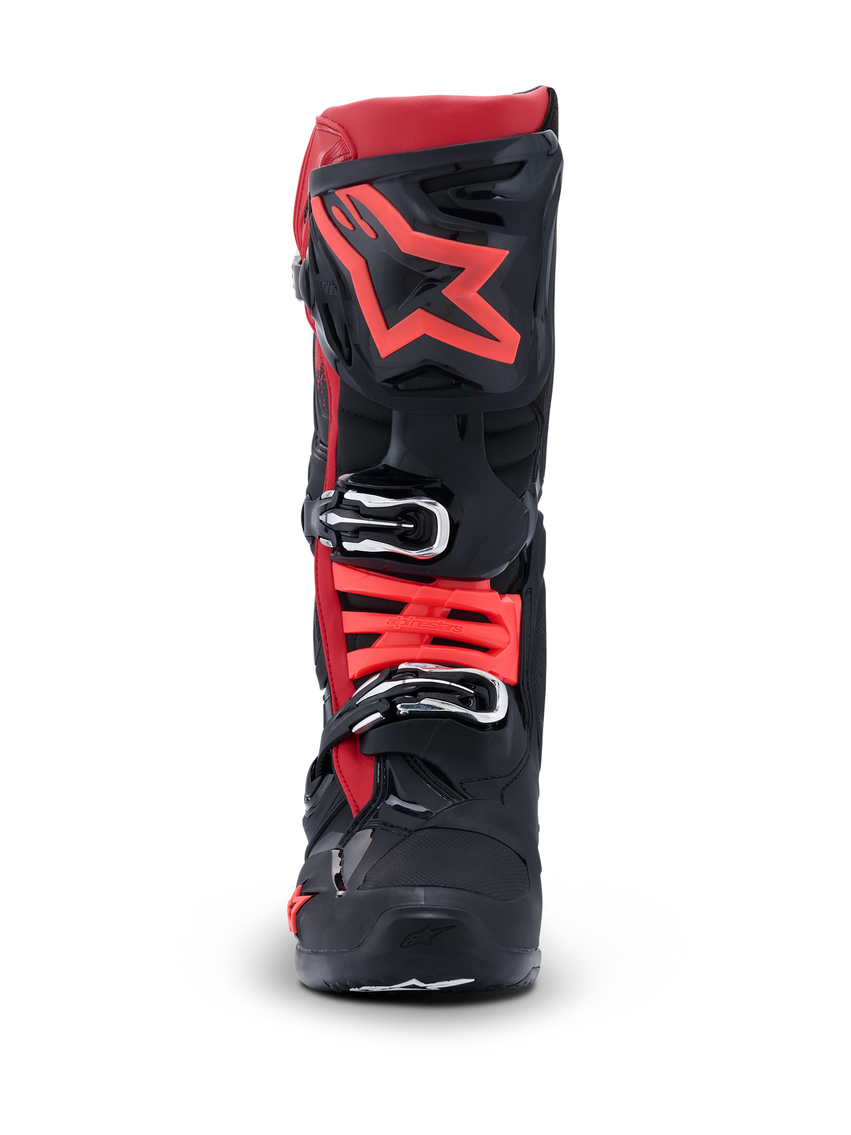 Alpinestars Tech 10 laarzen, motorcrosslaarzen, zwart en rood, vooraanzicht met een groot rood sterlogo op de scheenplaat en zilveren gespsluitingen, geavanceerde beschermende uitrusting voor off-road racen