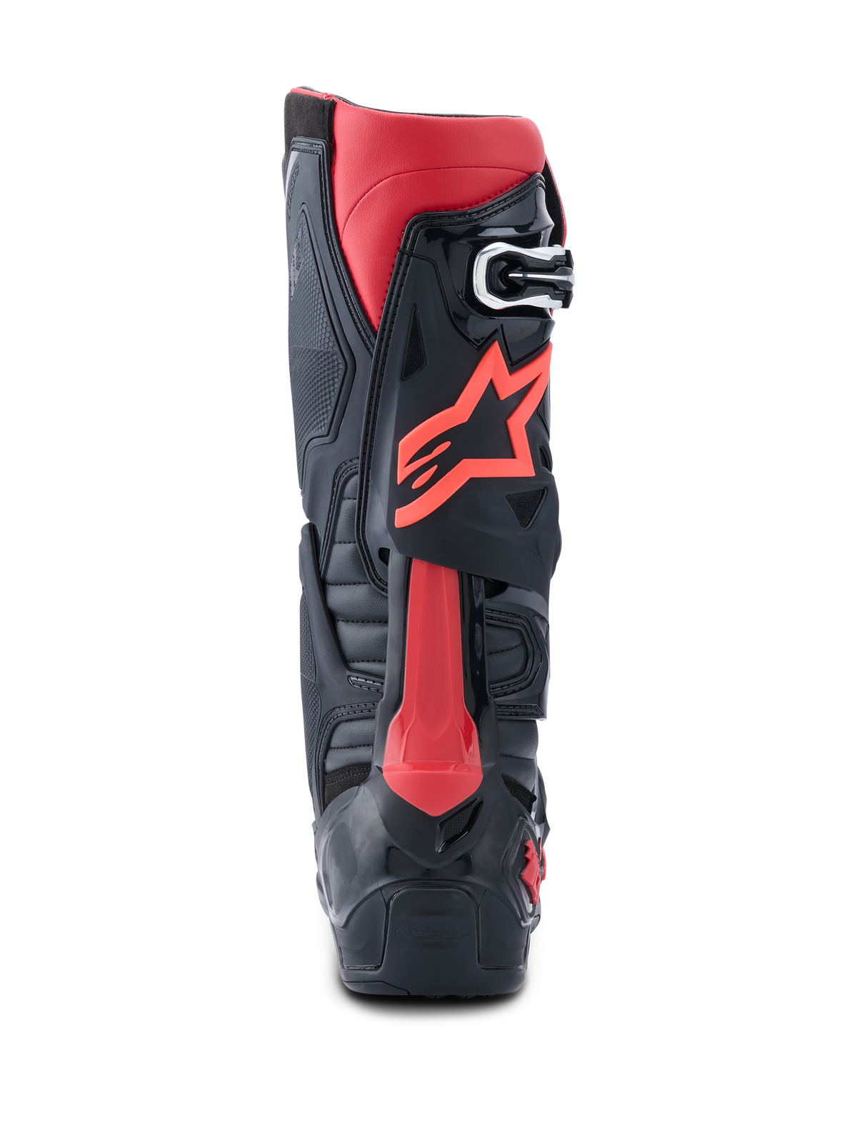 Alpinestars Tech 10 laarzen, motorcrosslaarzen, zwart en rood, achteraanzicht met rood Astars-logo, Dynamic Heel Compression Protector en robuust TPU-chassis voor hoogwaardige off-road prestaties.