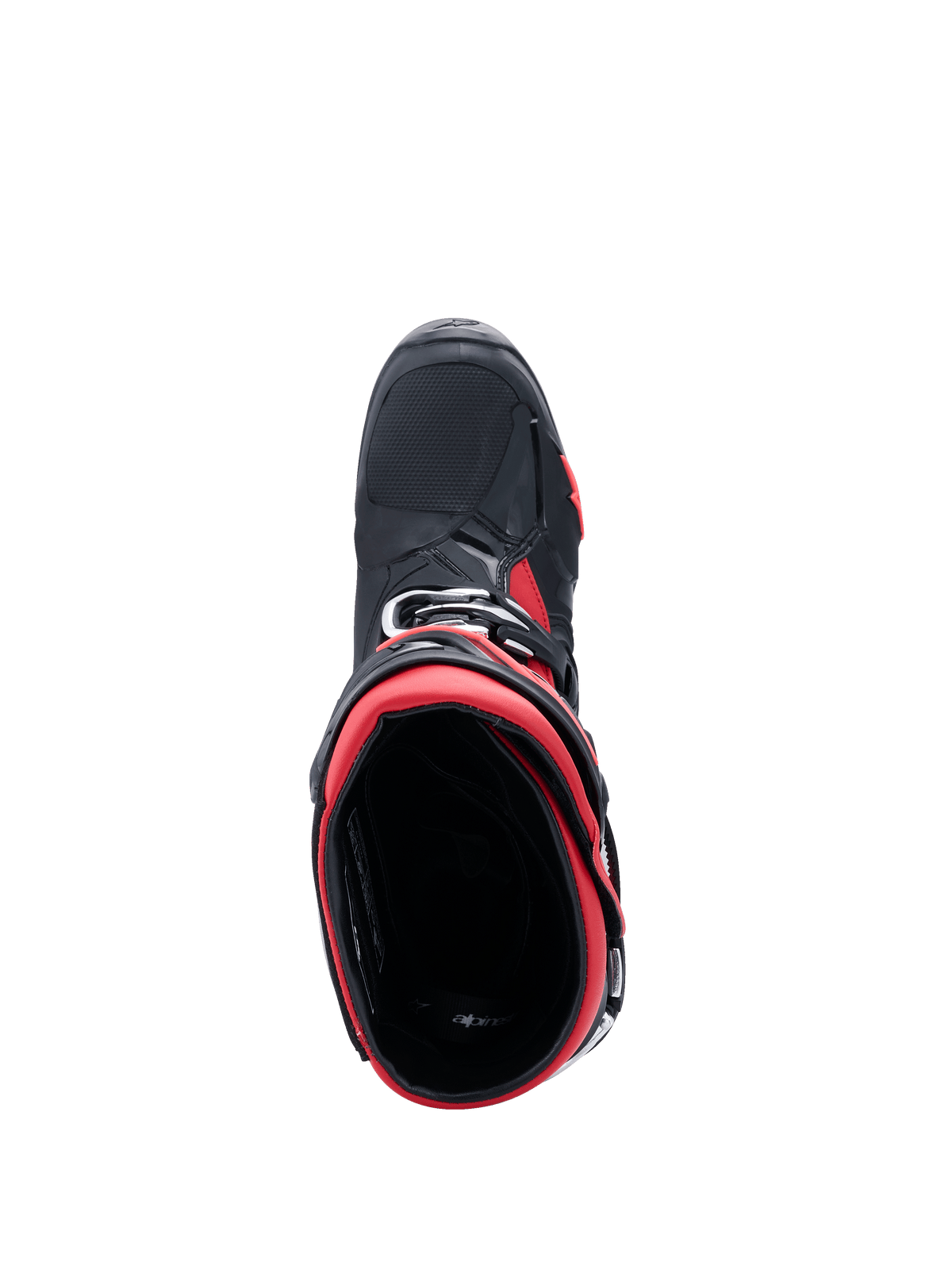 Alpinestars Tech 10 motorcrosslaarzen, zwart en rood, bovenaanzicht kijkend in de opening van de laars, met nadruk op de rode binnenvoering en het zwarte buitenchassis met rode accenten, strak professioneel off-road ontwerp