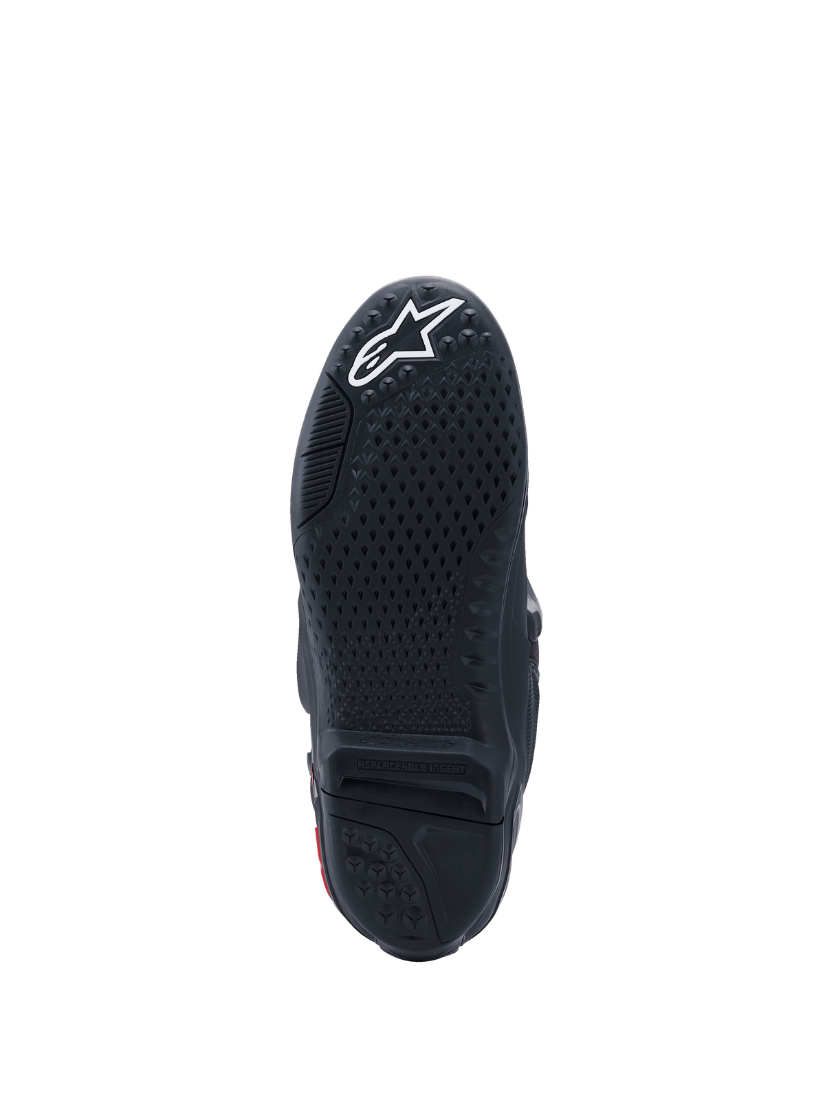 Alpinestars Tech 10 laarzen, onderkant van de zool, zwart met wit logo, getextureerd grippatroon, vervangbaar centraal inzetstuk, hoogwaardige motorcrosslaarzen