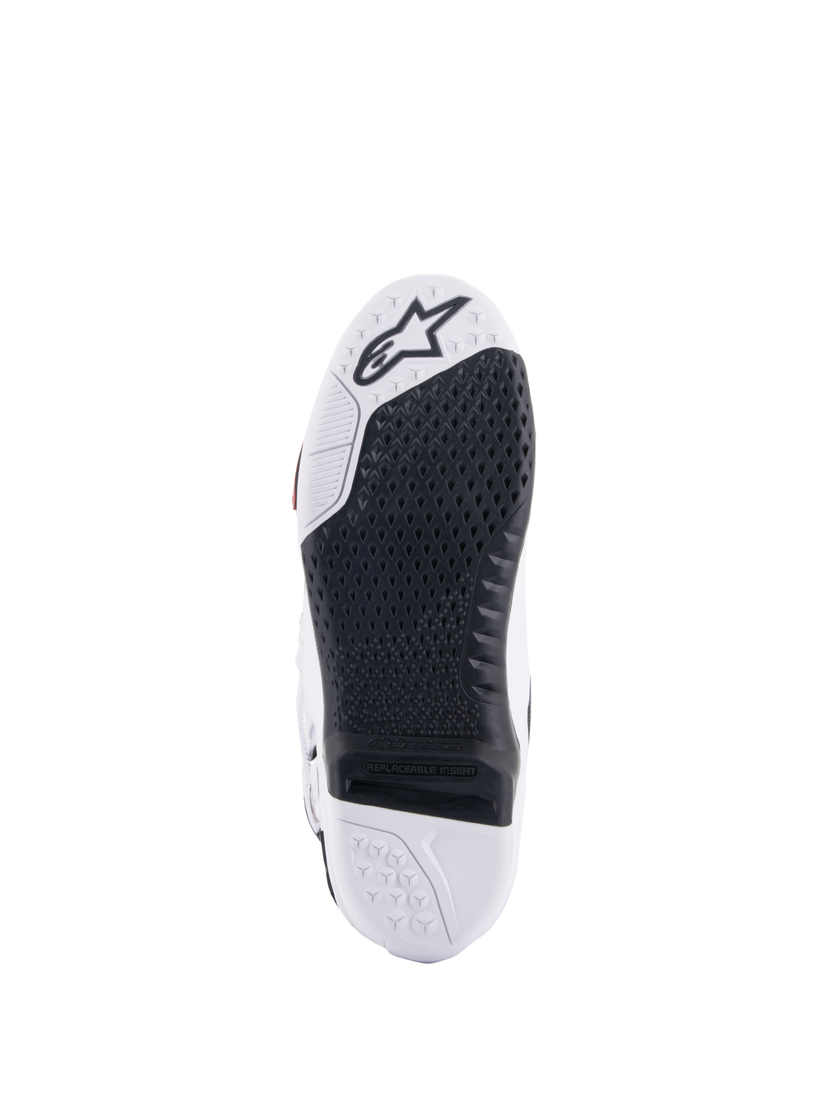 Alpinestars Tech 10 laarzen, motorcrosslaarzen, onderaanzicht met het zwarte vervangbare centrale inzetstuk en witte zool, getextureerd grippatroon, Alpinestars sterlogo op het teengedeelte, duurzaam off-road schoeisel