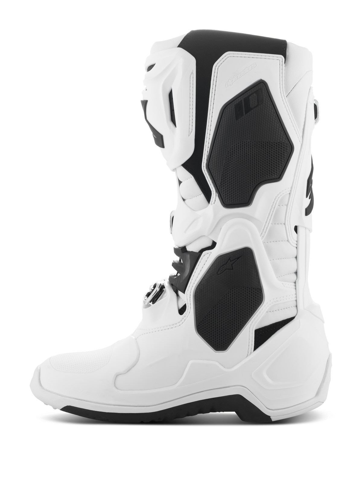 Alpinestars Tech 10 laarzen, motorcrosslaarzen, wit met zwarte accenten, zijprofiel met beschermende TPU-schalen, gespsluitingssysteem en hoogwaardig gestroomlijnd ontwerp voor off-road racen.