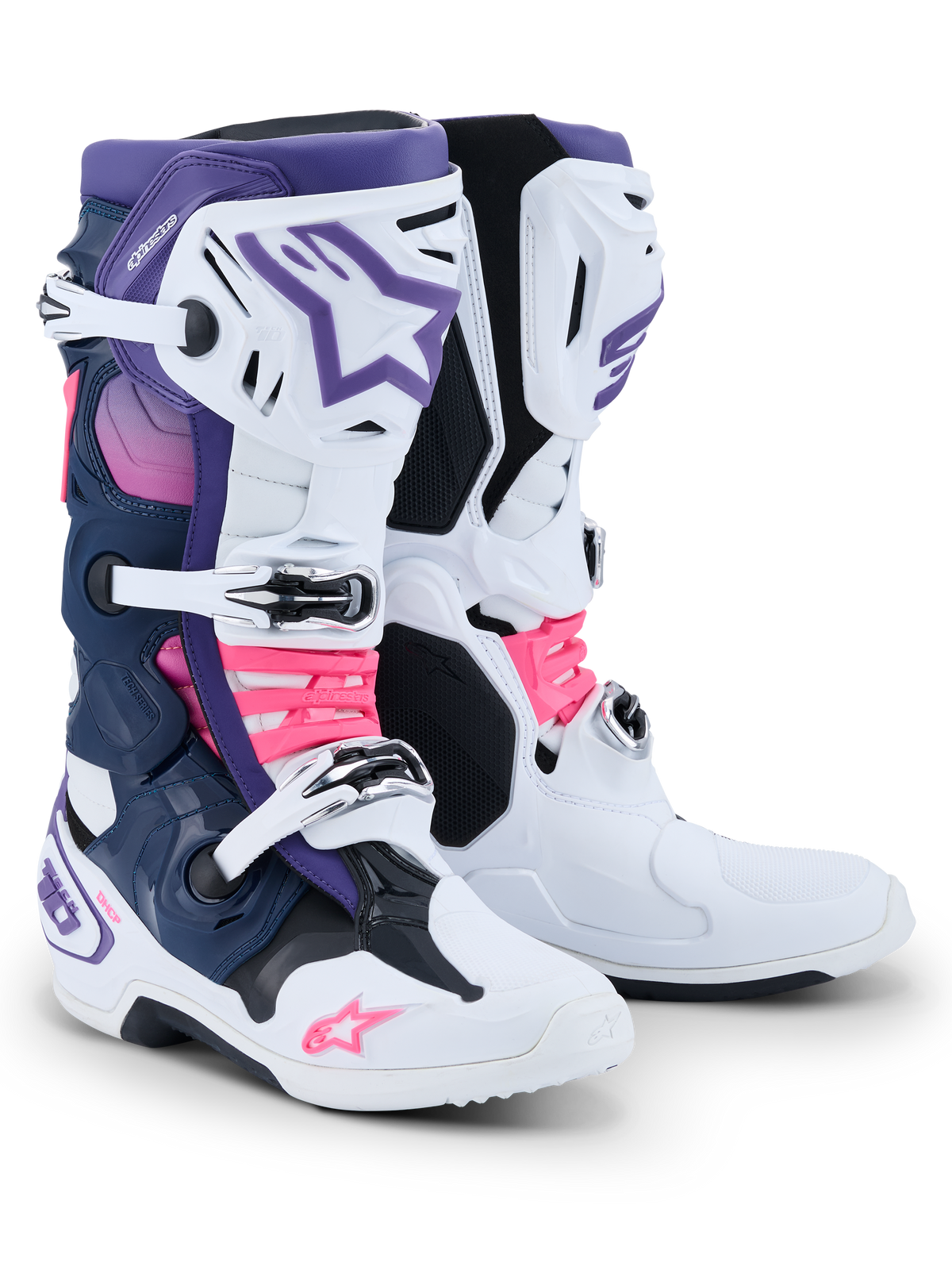 Alpinestars Tech 10 laarzen, motorcrosslaarzen, wit, violet, marineblauw en fluorroze, voorzien van een drievoudig gespsluitingssysteem, marineblauwe en paarse panelen en felroze accenten op de bandjes en logo's, professionele off-road racelaarzen.