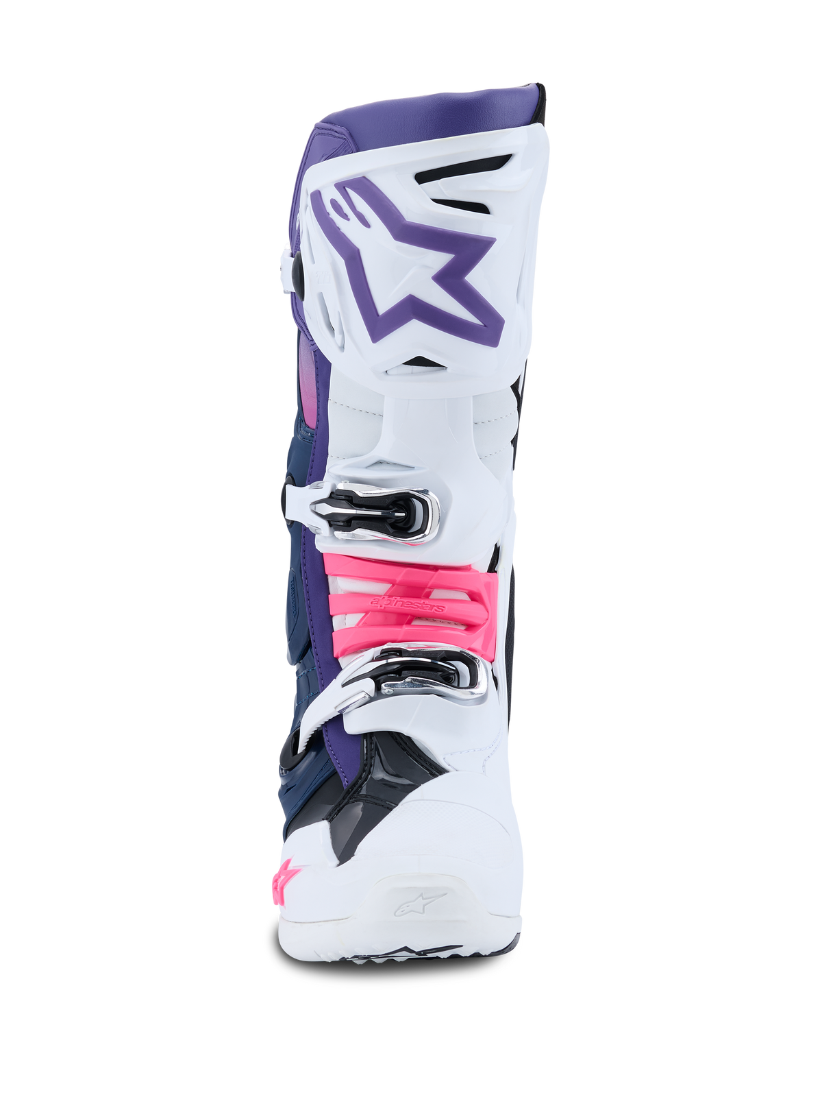 Alpinestars Tech 10 laarzen, motorcrosslaarzen, wit violet marineblauw en pink fluo, vooraanzicht, voorzien van een witte beschermende schaal met een violette bovenkant, paars sterlogo en felroze gespaccenten, professioneel off-road schoeisel