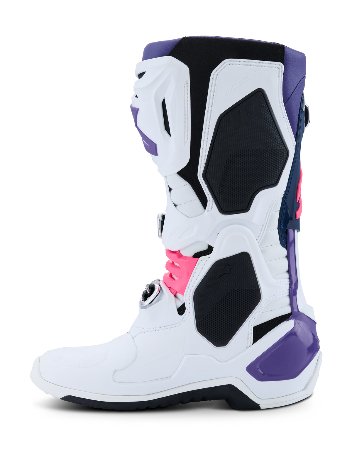 Alpinestars Tech 10 laarzen, motorcrosslaarzen, wit, violet, navy blauw en fluo roze, zijprofiel met een wit chassis met violette, navy en neonroze accenten, beschermende TPU-panelen en een gestroomlijnd ontwerp voor off-road prestaties