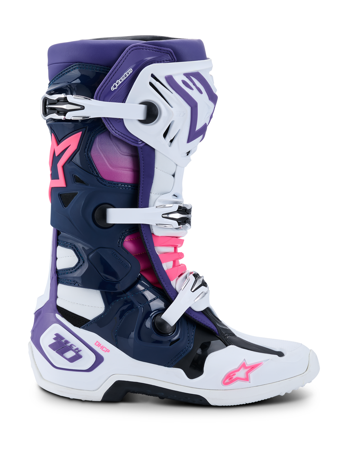 Alpinestars Tech 10 laarzen, motocrosslaarzen, wit, violet, marineblauw en fluorescerend roze, zijaanzicht met drievoudige gespsluiting, beschermend TPU-chassis, Alpinestars sterlogo's en DHCP-branding, hoogwaardig off-road raceschoeisel