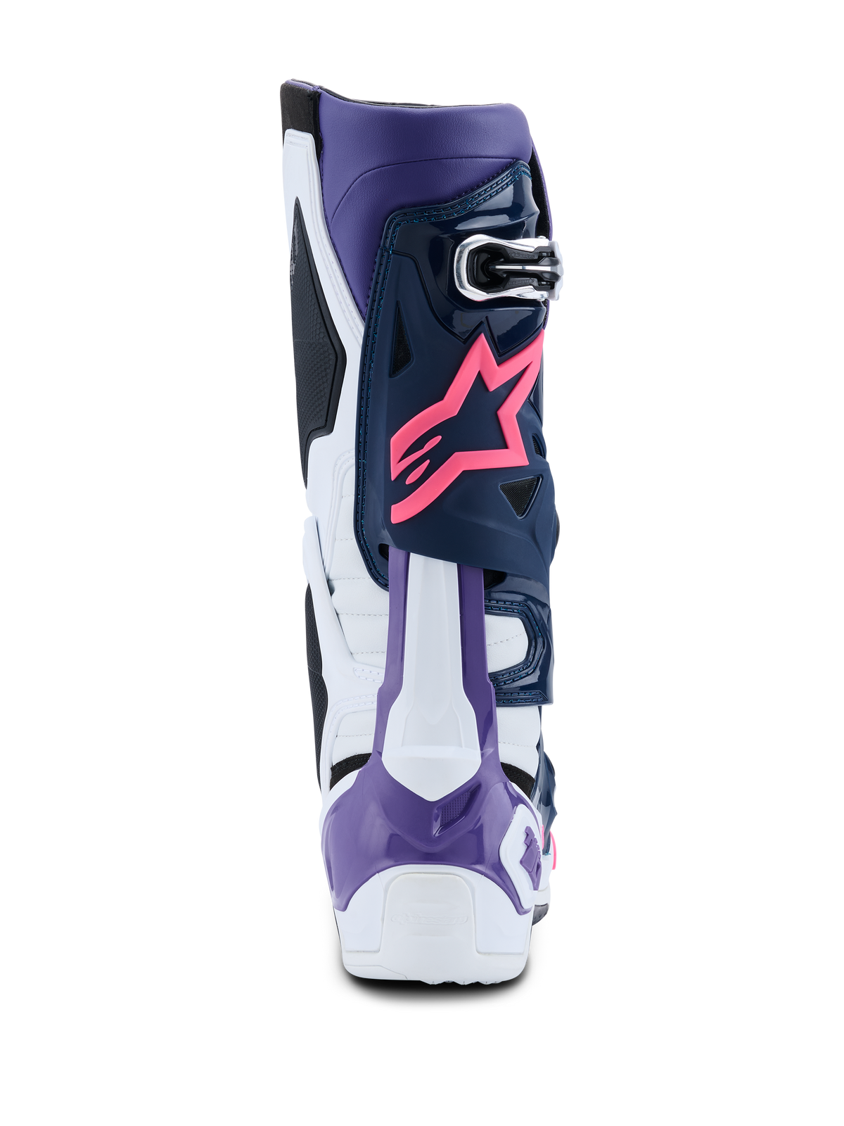 Alpinestars Tech 10 laarzen, motorcrosslaarzen, wit, violet, marineblauw en fluorozie, achteraanzicht met roze Alpinestars sterlogo, violette hielbeschermer en hoogwaardige veelkleurige beschermende panelen