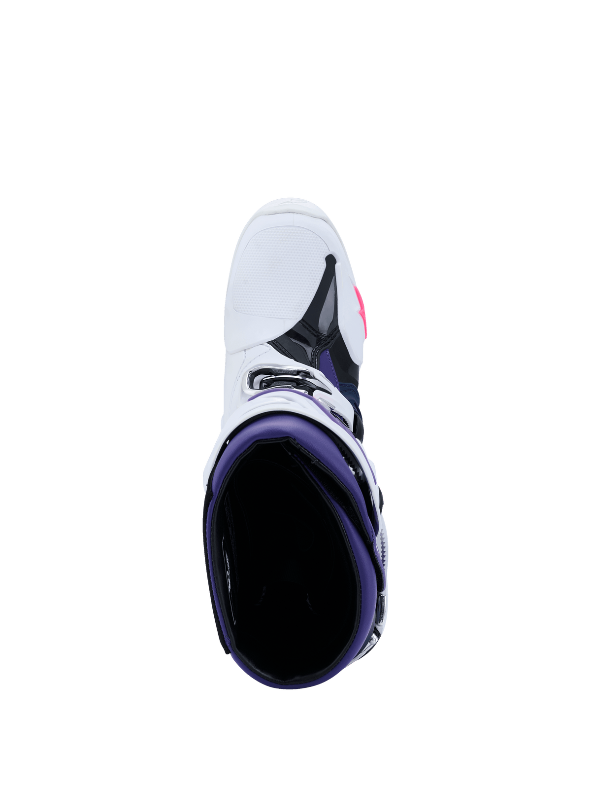 Alpinestars Tech 10 laarzen, motorcrosslaarzen, wit violet donkerblauw en fluo roze, bovenaanzicht met zicht op de paarse binnenkant, witte buitenkant met zwarte en roze accenten, professionele off-road racelaarzen