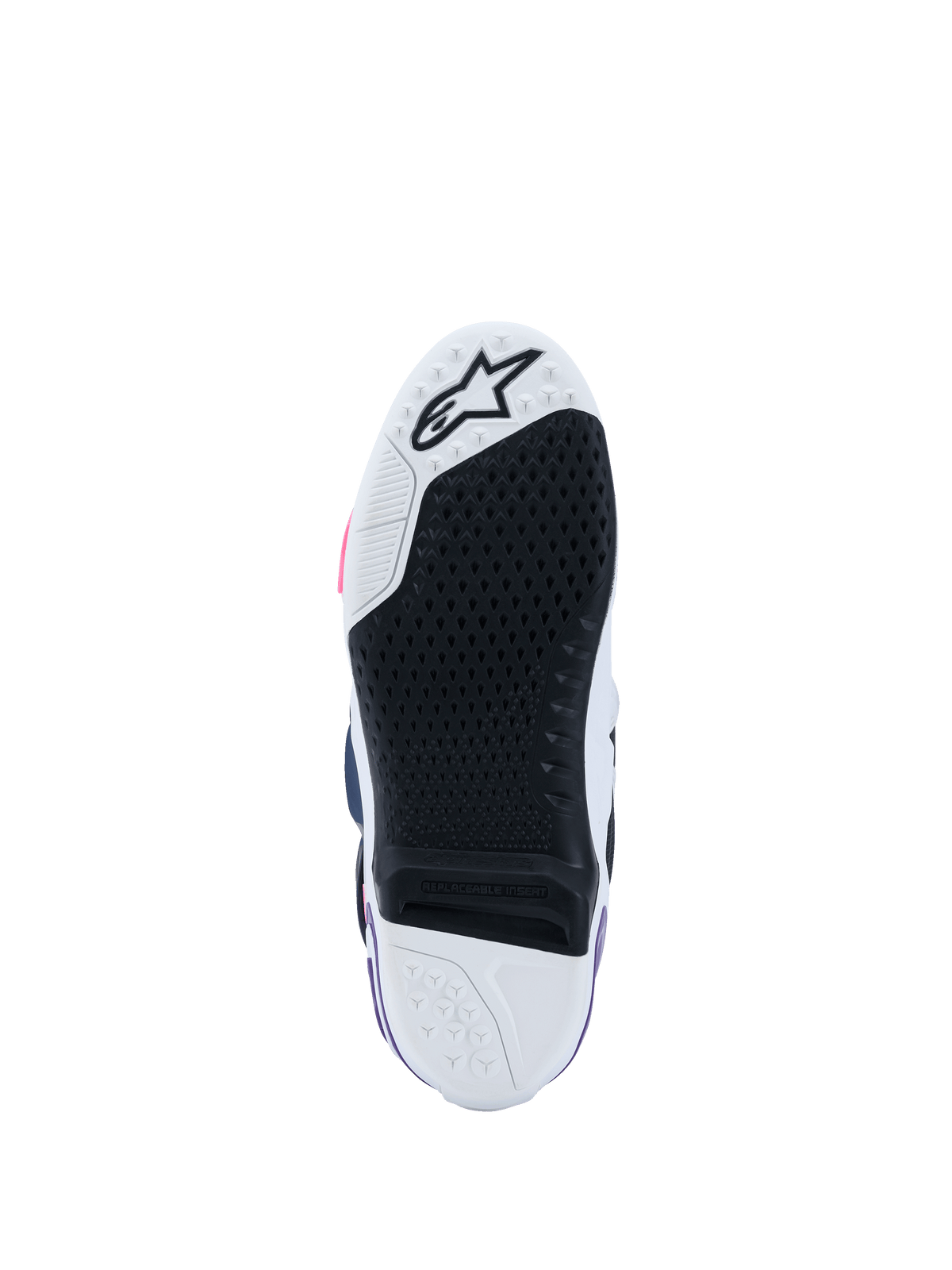 Alpinestars Tech 10 laarzen, onderaanzicht van de zool, wit, violet, navy blauw en fluo roze, zwart rubberen profiel met hoge grip en vervangbaar centraal inzetstuk, witte neus en hiel met ster-logo, professionele motorcrosslaarzen