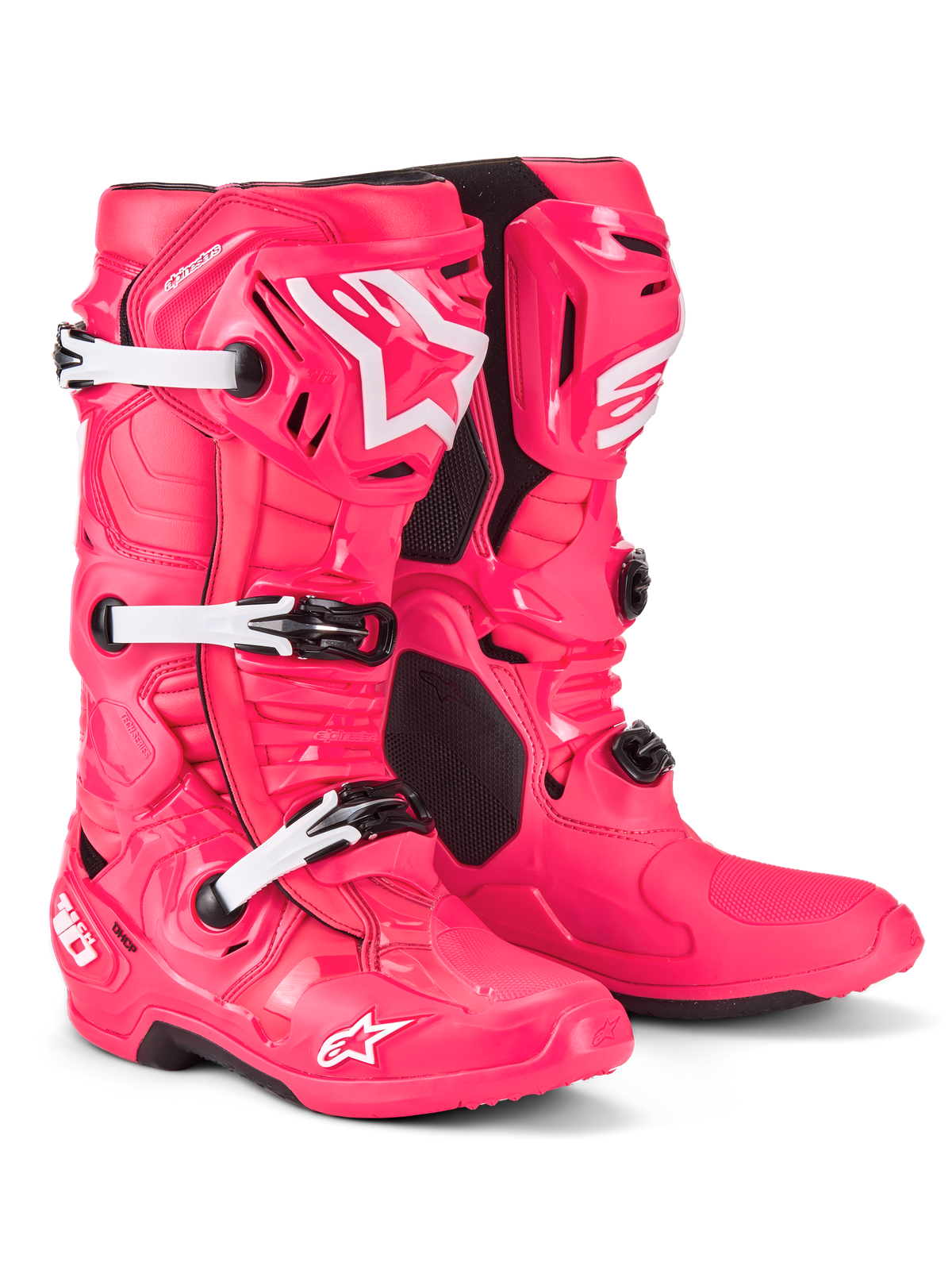 Alpinestars Tech 10 laarzen, motorcrosslaarzen, Diva Pink en wit, voorzien van een lichtgewicht composietconstructie met een drievoudig gespsysteem, TPU beschermende schaal en iconisch sterlogo op de scheen en neus, professioneel off-road raceschoeisel