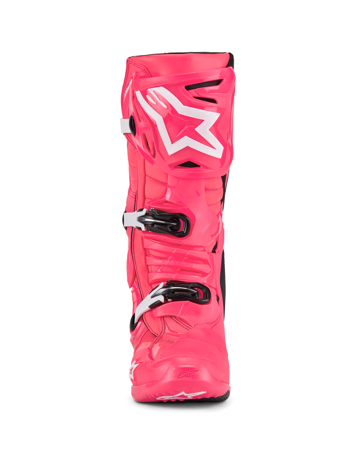 Alpinestars Tech 10 laarzen, motorcrosslaarzen, Diva Roze en wit, vooraanzicht, met wit ster-logo op de scheenplaat, duurzame TPU-schaal met zwarte en witte gespen, professioneel off-road raceschoeisel