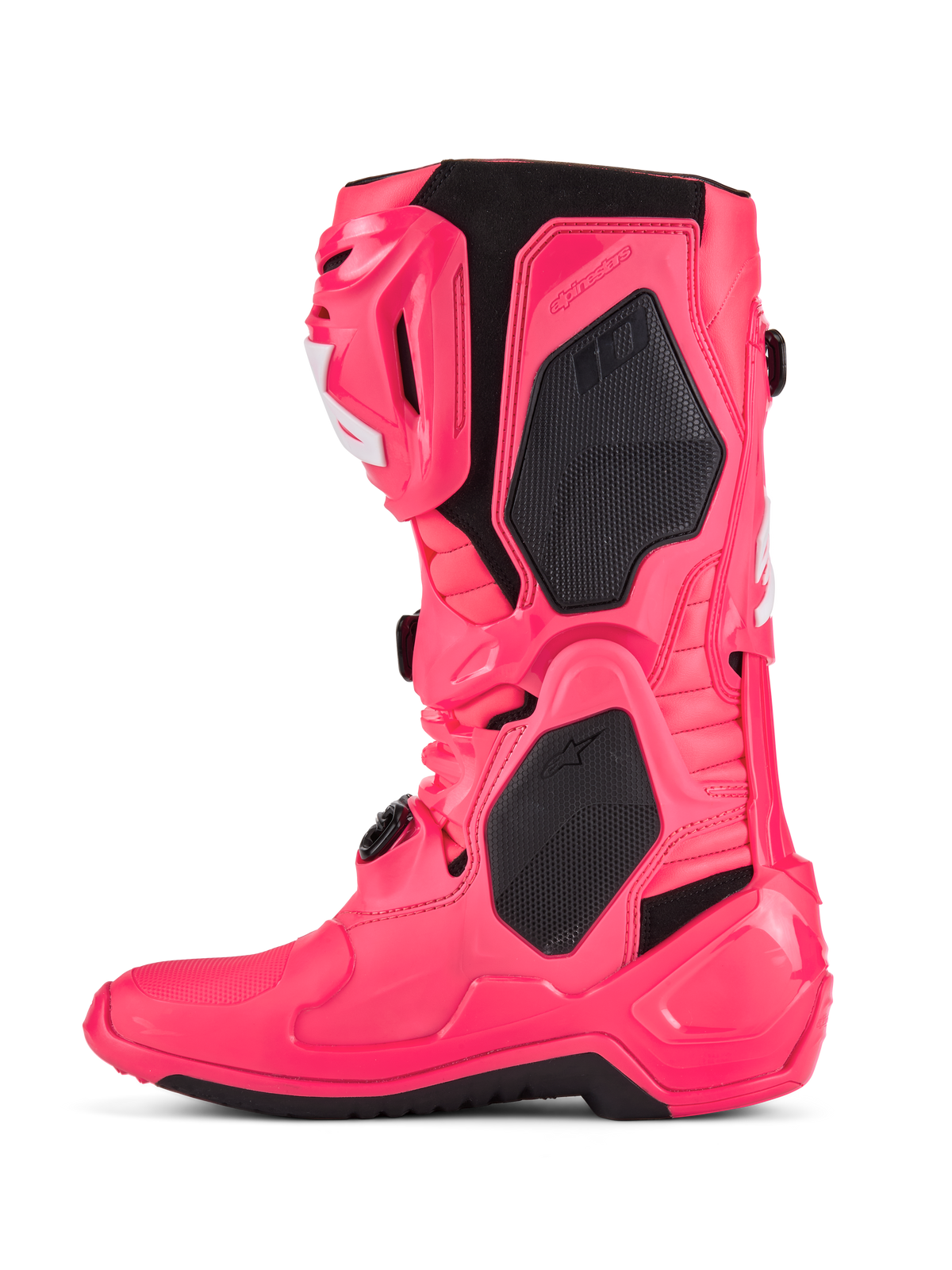 Alpinestars Tech 10 laarzen, motorcrosslaarzen, Diva Pink en wit, voorzien van zwarte TPU-beschermingspanelen, gearticuleerd flexframe en robuust off-road ontwerp.