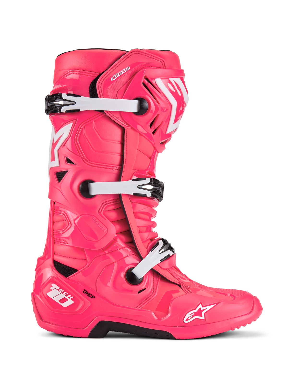 Alpinestars Tech 10 motorlaarzen, motorcross-racelaarzen, Diva Pink en wit, drievoudig gespsysteem, CE-gecertificeerde bescherming, getextureerd hoekig ontwerp met witte sterlogo's en zwarte robuuste zool