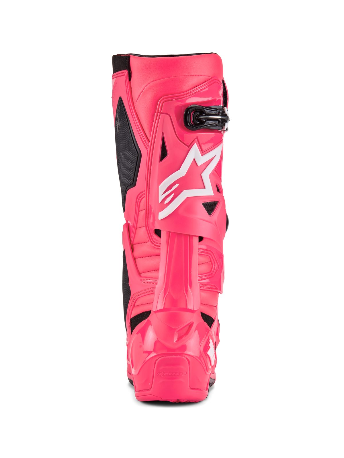 Alpinestars Tech 10 laarzen, motorcrosslaarzen, Diva Pink en wit, achteraanzicht met wit Alpinestars ster-logo, zwarte accenten en gestructureerde hiel- en kuitbescherming, professionele off-road racelaarzen