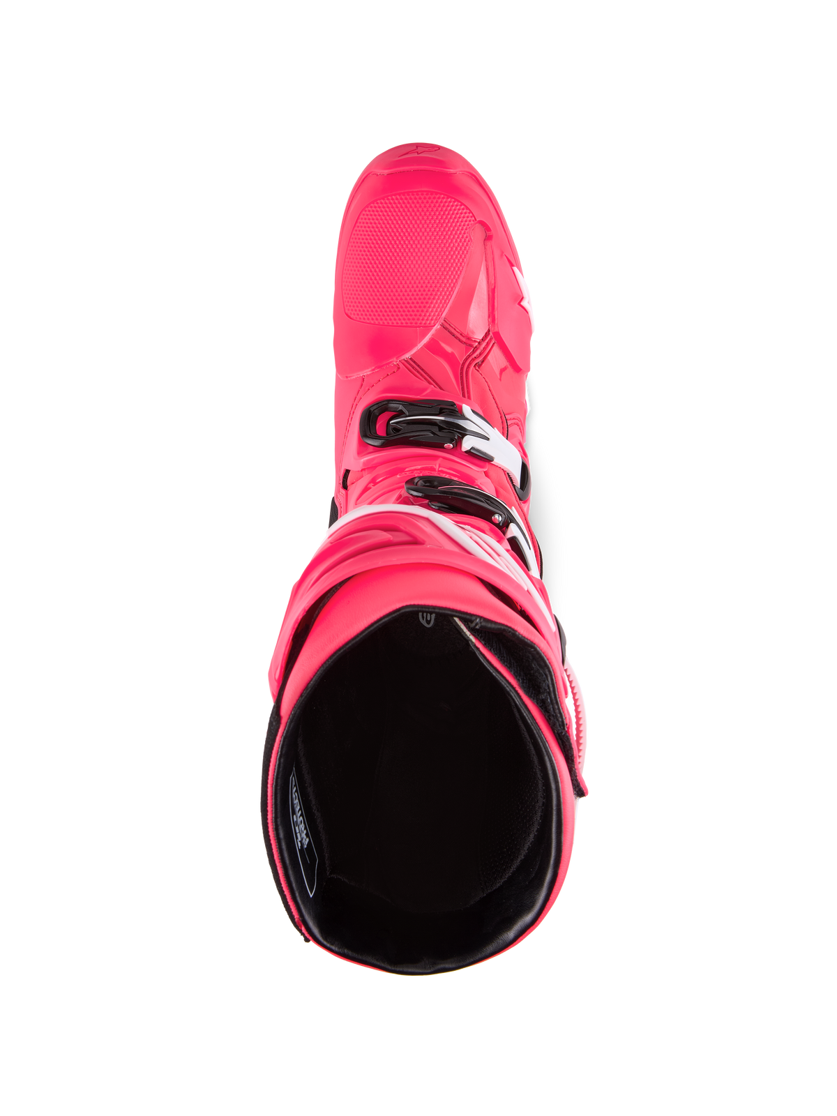 Alpinestars Tech 10 laarzen, motorcrosslaarzen, Diva Pink en wit, bovenaanzicht met zicht op de zwarte binnenvoering, roze buitenschaal met witte en zwarte gesp-accenten, hoogwaardig off-road schoeisel