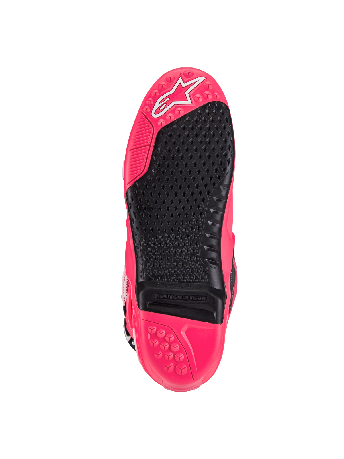 Alpinestars Tech 10 laarzen, motorcrosslaarzen, Diva roze en zwart, onderaanzicht van de zool met getextureerd profiel, vervangbaar voetsteun-inzetstuk en kenmerkend Astars-logo, ontworpen voor superieure grip en duurzaamheid