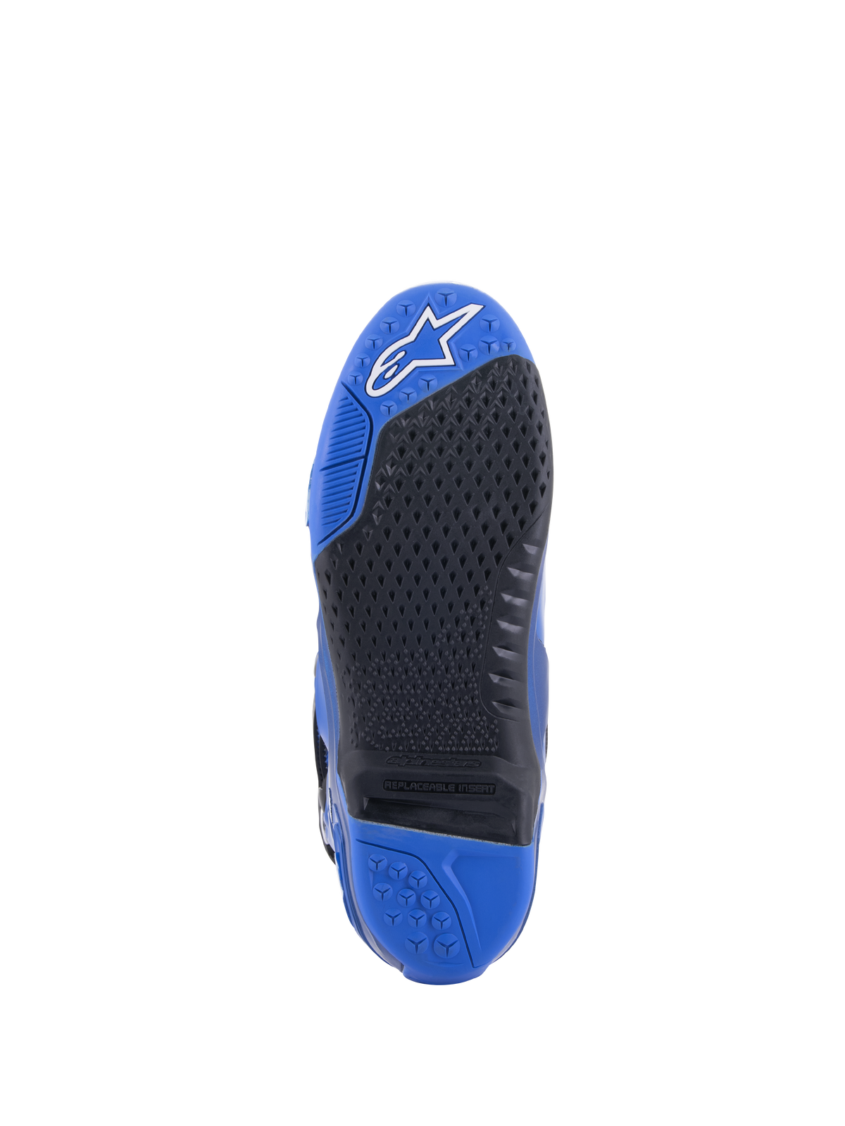 Alpinestars Tech 10 Boots, Blue and Black, detailed view of the sole, featuring a textured black grip pattern with a replaceable central insert, blue toe with white logo, and blue heel, high-performance motocross boot design