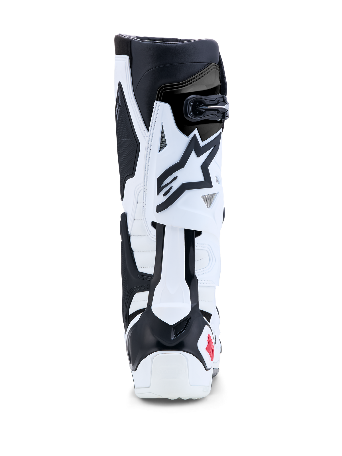 Alpinestars Tech 10 laarzen, motorcross- en off-road racinglaarzen, wit en zwart met rode accenten, achteraanzicht met TPU-achterblad voor flexiecontrole en hielbescherming.