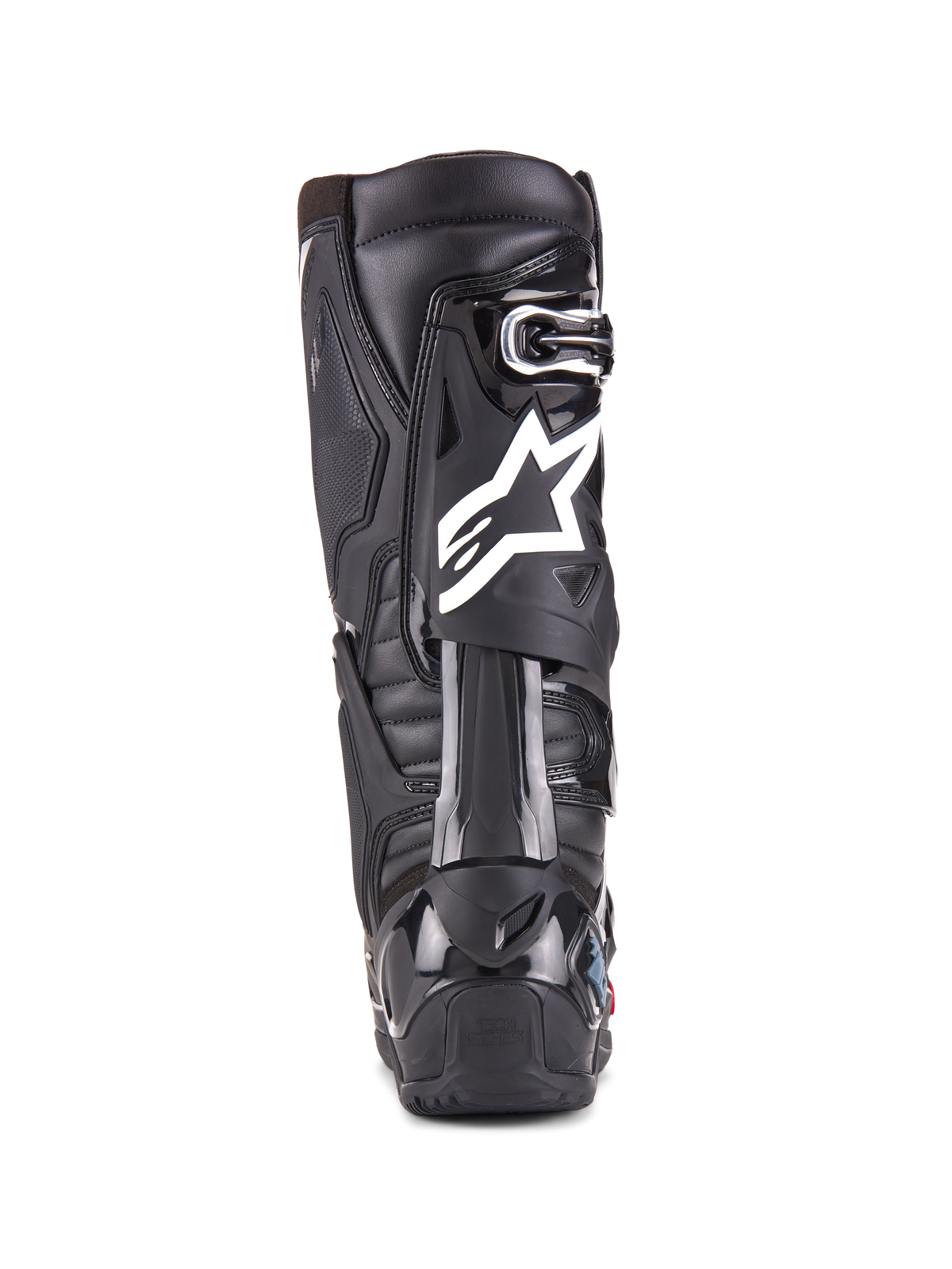 Alpinestars Tech 10 Enduro laarzen, zwart, achteraanzicht van een enkele laars met het witte Alpinestars-logo, duurzame TPU-hielbeschermer en robuust enduro-zoolontwerp voor off-road racen