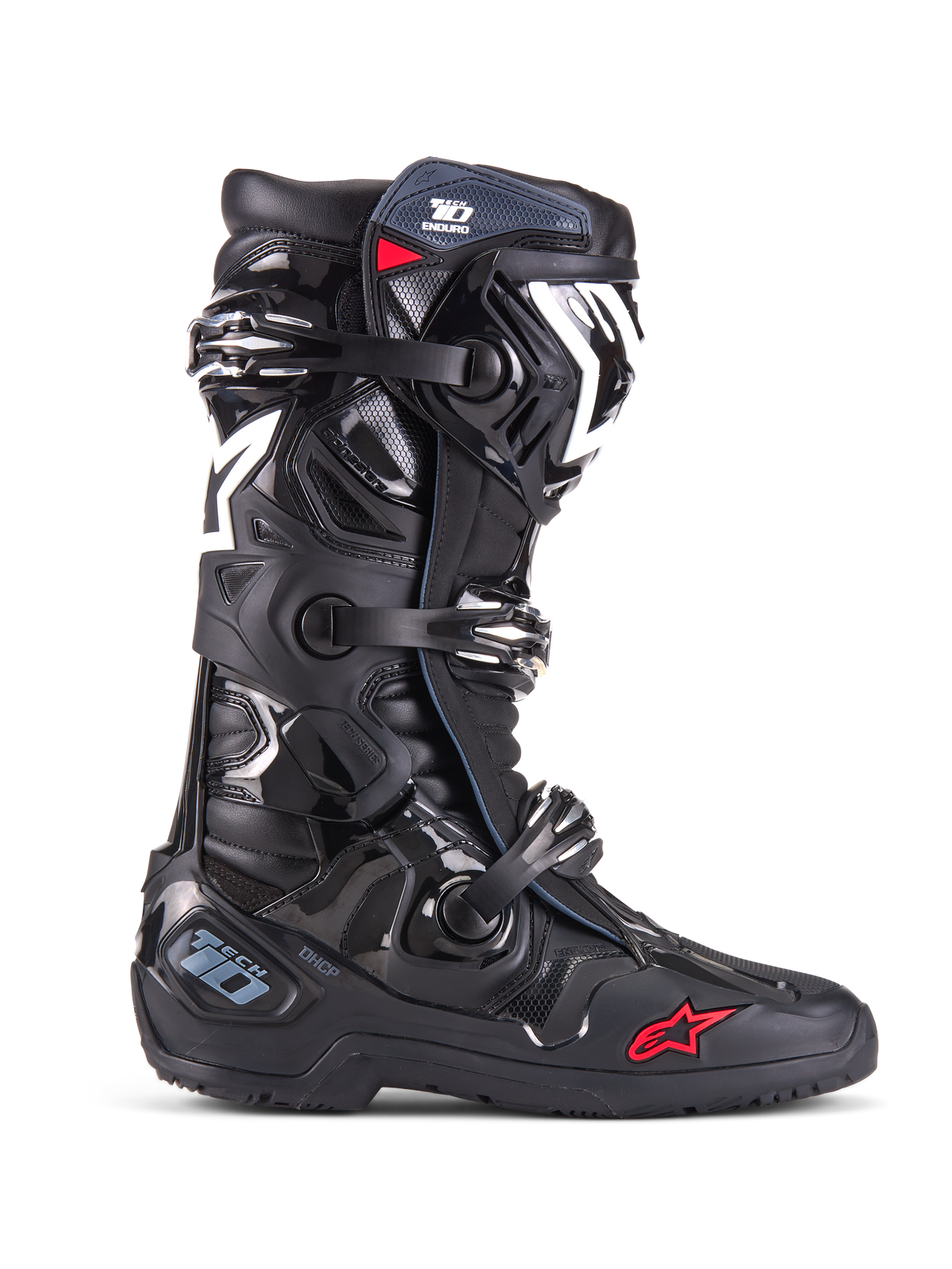 Alpinestars Tech 10 Enduro laarzen, motorcross off-road laarzen, zwart met witte en rode accenten, drievoudig gespsluitingssysteem, beschermende TPU-scheenbeschermer en hielplaat, robuuste enduro-zool, iconisch sterlogo, hoogwaardige racebescherming