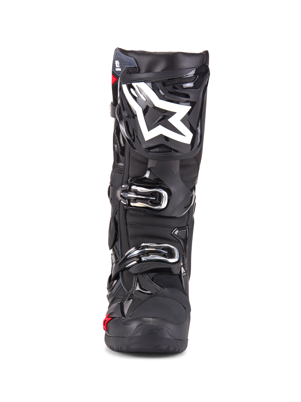 Alpinestars Tech 10 Enduro laarzen, motorcrosslaarzen, zwart, vooraanzicht met wit sterlogo op de scheenplaat, zilveren gespen, strakke zwarte afwerking met robuuste beschermingspanelen, hoogwaardig schoeisel voor off-road rijden