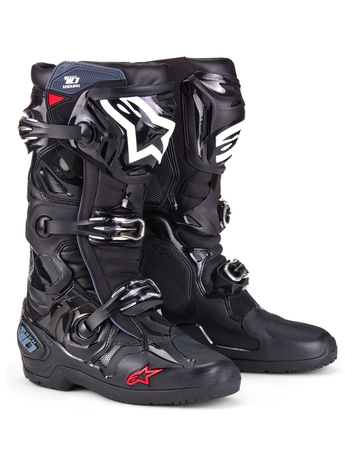Alpinestars Tech 10 Enduro laarzen, motorcrosslaarzen, zwart met wit logo op het scheenbeen en klein rood sterdetail, voorzien van een drievoudig gespsluitingssysteem, duurzame TPU-bescherming en gespecialiseerde endurozool voor off-road racing