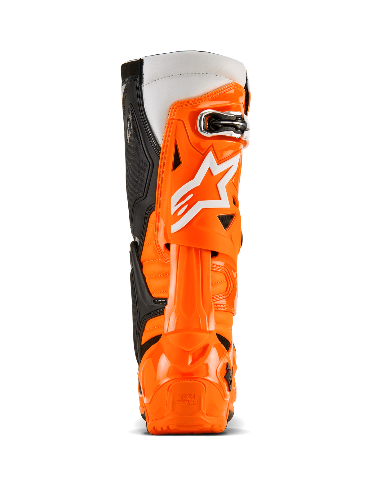 Alpinestars Tech 10 Enduro laarzen, achteraanzicht, Orange Fluo Black White, levendige oranje TPU beschermende schaal, wit Alpinestars-logo, zwarte zijpanelen en gespecialiseerde hielbescherming voor off-road rijden