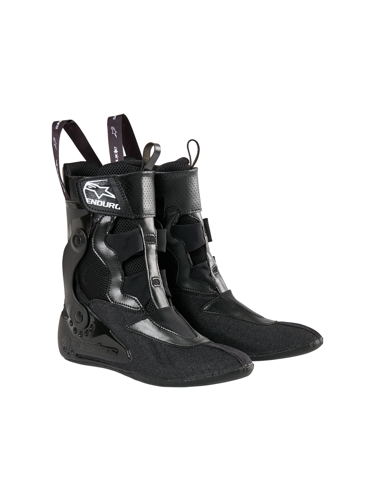 Alpinestars Tech 10 Enduro binnenschoenen, zwart, ademend mesh met versterkte synthetische delen, voorzien van treklussen met merklogo en een wit 'Enduro' logo, gespecialiseerd intern ondersteuningssysteem voor motorcross- en enduro-laarzen