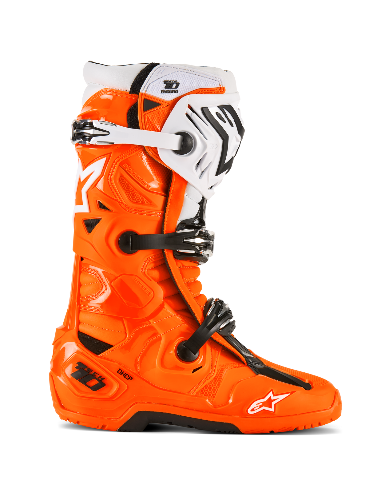 Alpinestars Tech 10 Enduro laarzen, motorcross terreinlaarzen, fluo oranje met zwarte en witte accenten, zijaanzicht met drievoudig gespsluitsysteem, robuuste zwarte zool en beschermende TPU-constructie voor enduro rijden.