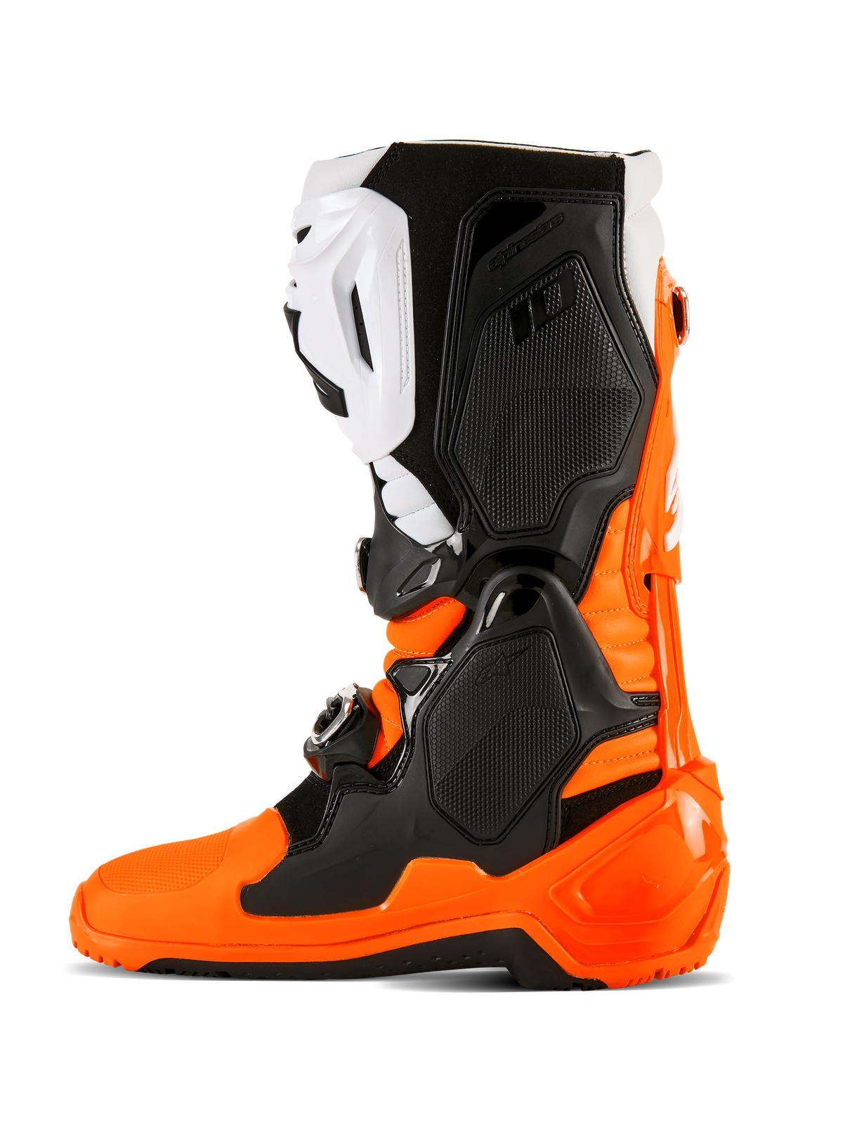 Alpinestars Tech 10 Enduro laarzen, fluo oranje, zwart en wit, hoogwaardige motorcross- en off-roadlaarzen met een drievoudig gespsluitingssysteem, beschermende TPU-panelen en een speciale Enduro dual-compound zool voor extra grip.