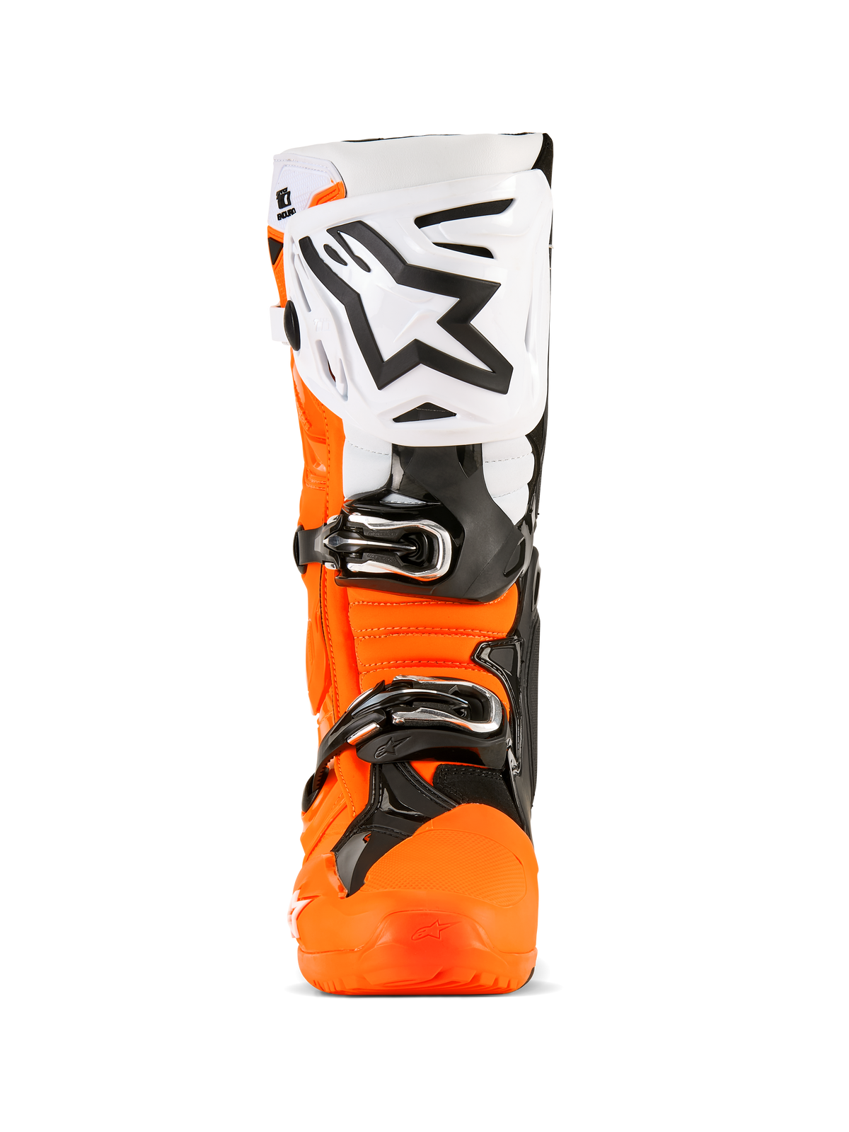 Alpinestars Tech 10 Enduro laarzen, motorcrosslaarzen, fluo oranje, zwart en wit, vooraanzicht met grote witte scheenplaat en zwart Alpinestars-logo, zwarte gespen en robuuste oranje beschermende schaal