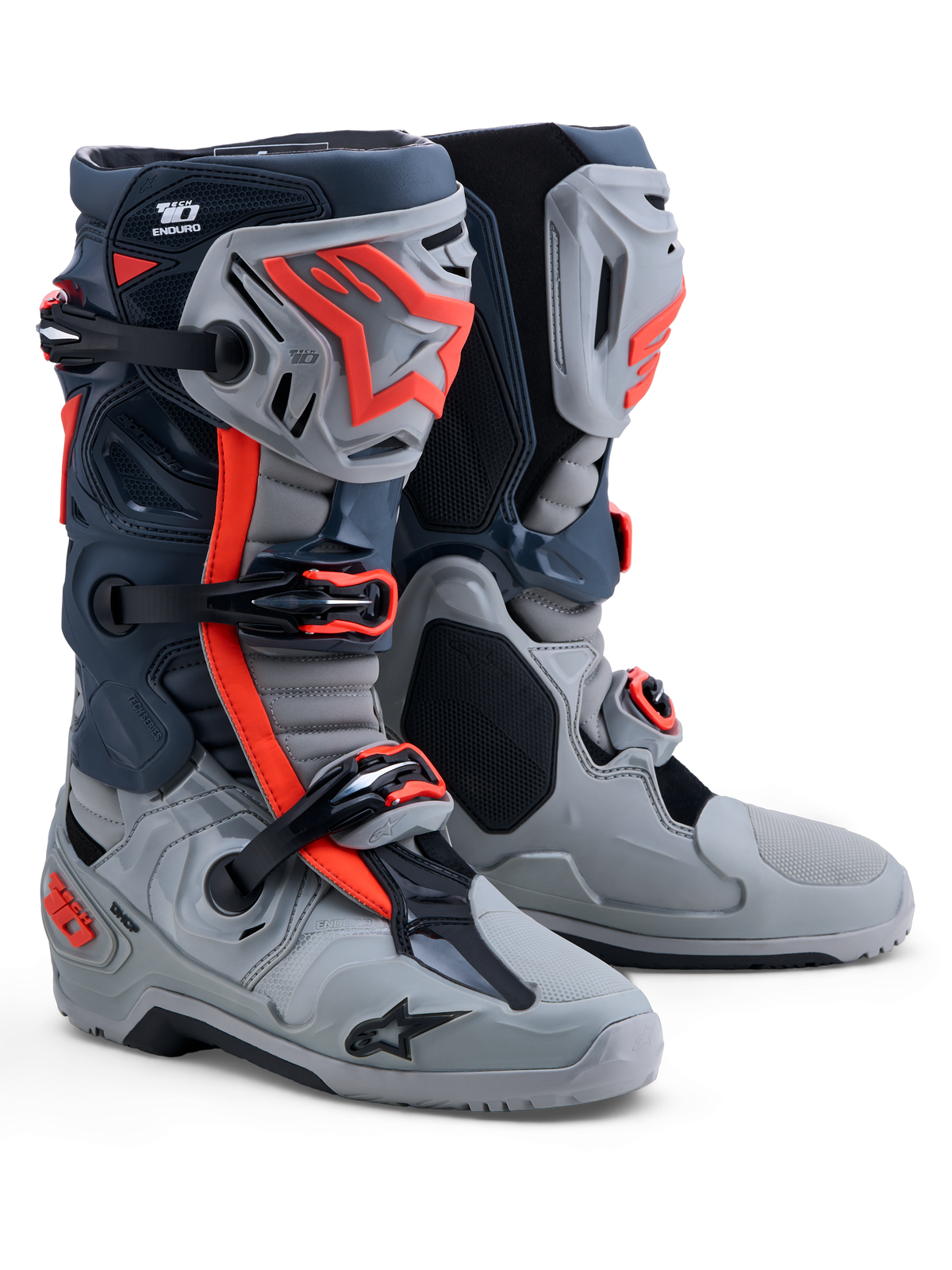 Alpinestars Tech-10 Enduro laarzen, off-road herenlaarzen in grijs en rood fluo, TPU-bescherming, CE-gecertificeerd.