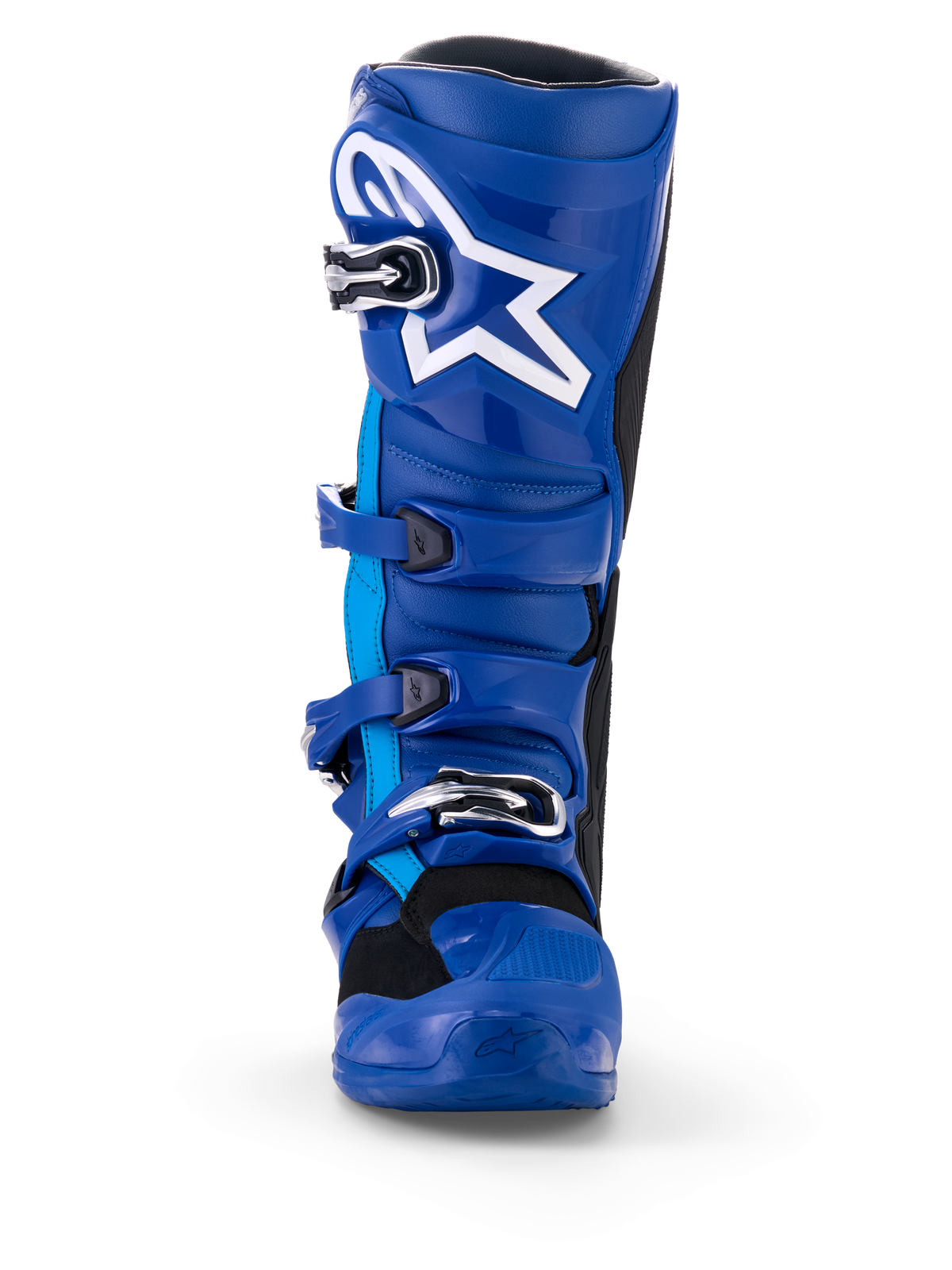 Alpinestars Yamaha Tech 7 laarzen, motorcrosslaarzen, blauw en wit, vooraanzicht, voorzien van wit Astar-logo, zilveren gespsysteem en robuuste TPU-beschermende schaal voor motorcross