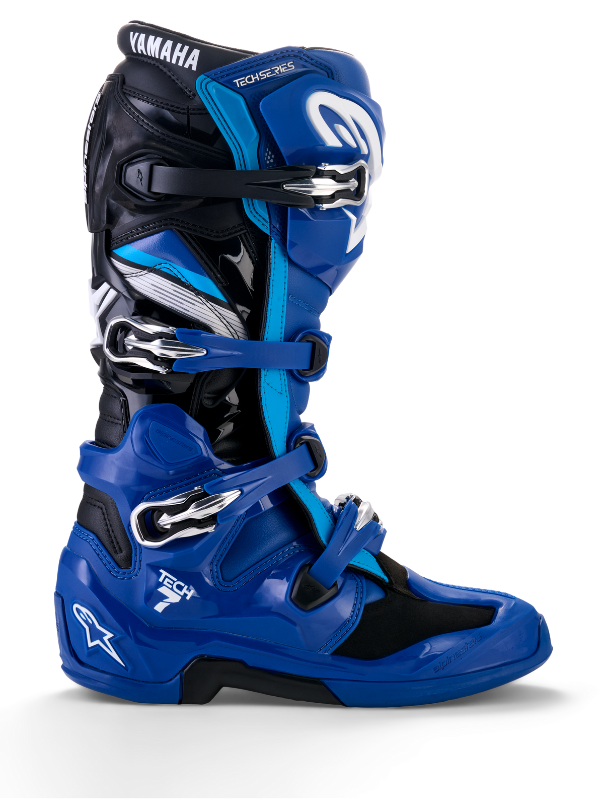 Alpinestars Yamaha Tech 7 motorlaarzen, motocross racing laarzen, blauw met zwarte en witte accenten, zijprofiel met vier verstelbare gespen, versterkte TPU-bescherming op de scheen en hiel, opvallende Yamaha-branding en een robuuste zool voor off-road prestaties