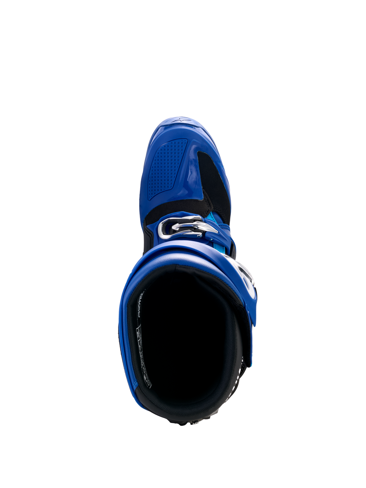 Alpinestars Yamaha Tech 7 laarzen, motorcrosslaarzen, blauw, zwart en wit, bovenaanzicht met de binnenopening en het verstelbare gespsysteem, hoogwaardig beschermend schoeisel voor off-road racen
