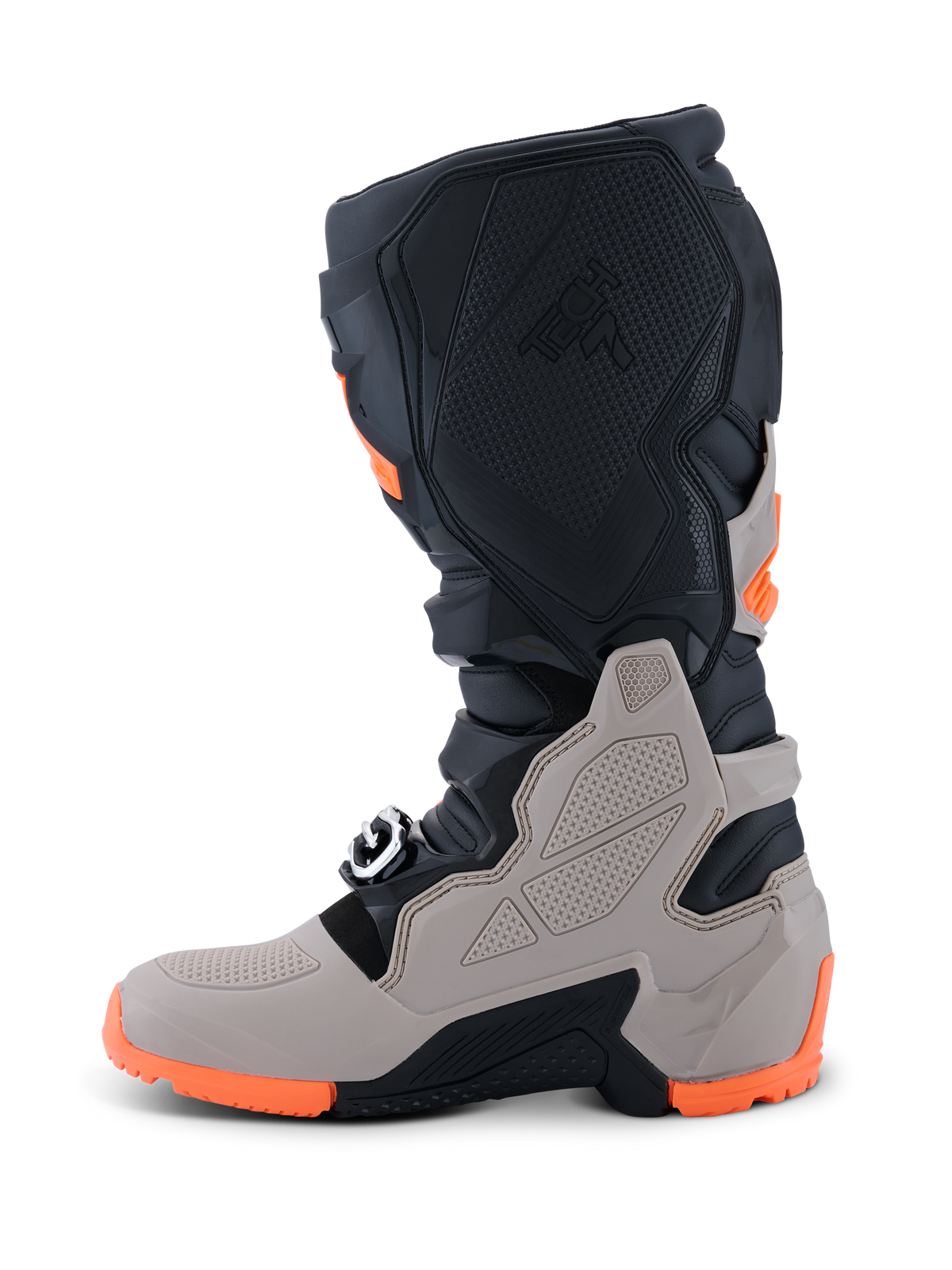 Alpinestars 2026 Tech 7 Enduro laarzen, motorcross- en enduro-laarzen, zwart, warm grijs en fluoriserend oranje, zijaanzicht met een robuuste dual-compound zool, TPU-bescherming op het scheenbeen en de enkel, en Tech 7-logo in reliëf.