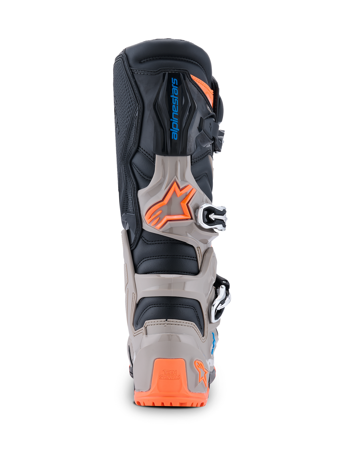 Alpinestars 2026 Tech 7 Enduro laarzen, achteraanzicht, zwart, warm grijs en fluoranje, voorzien van TPU-bescherming, Alpinestars-branding en veilig gespsysteem voor off-road rijden