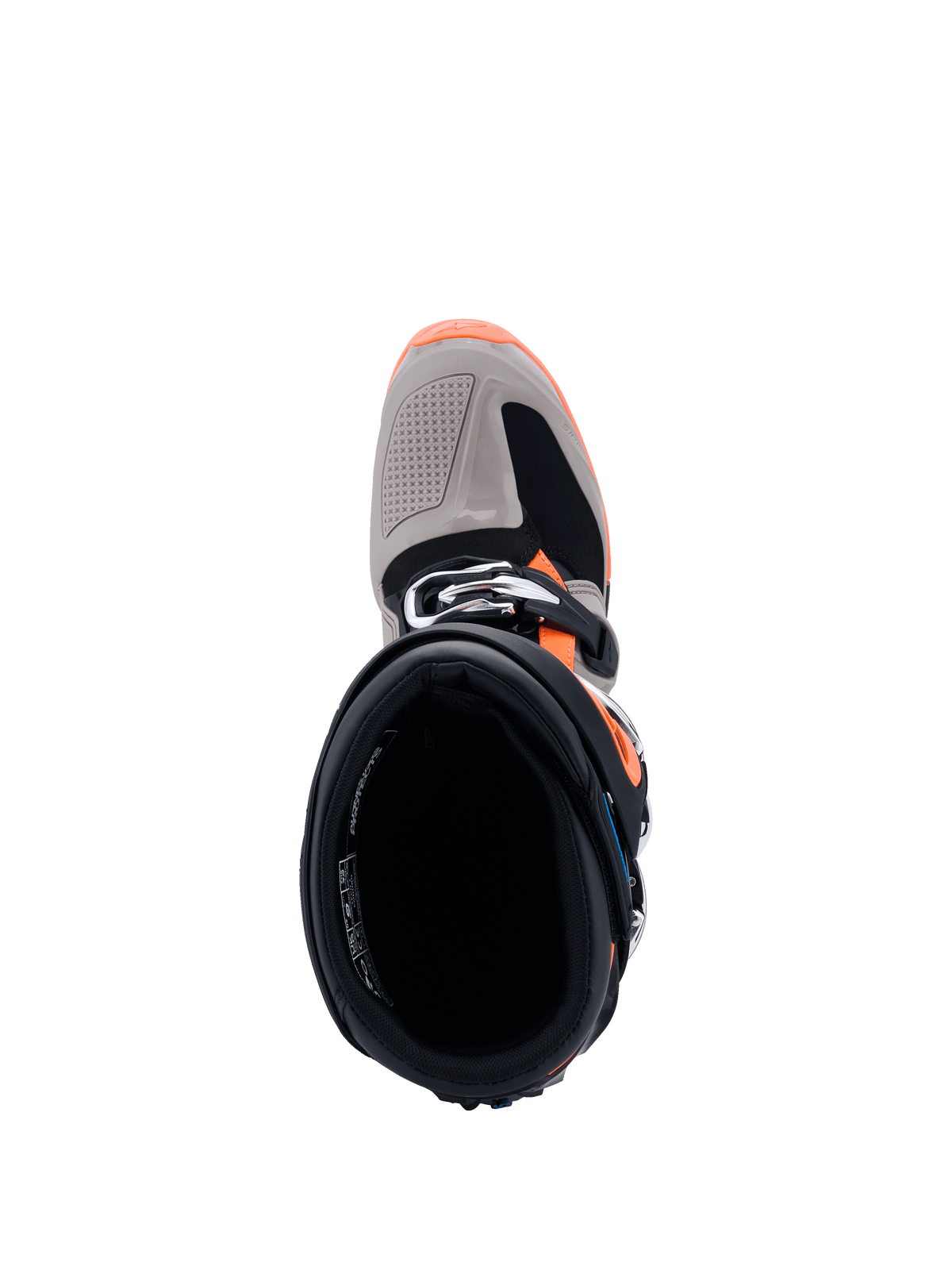 Alpinestars 2026 Tech 7 Enduro-laarzen, bovenaanzicht met zicht in de laarsopening, Black Warm Gray en Orange Fluo, weergave van de gespsluiting en versterkte neus, professioneel off-road motorschoeisel