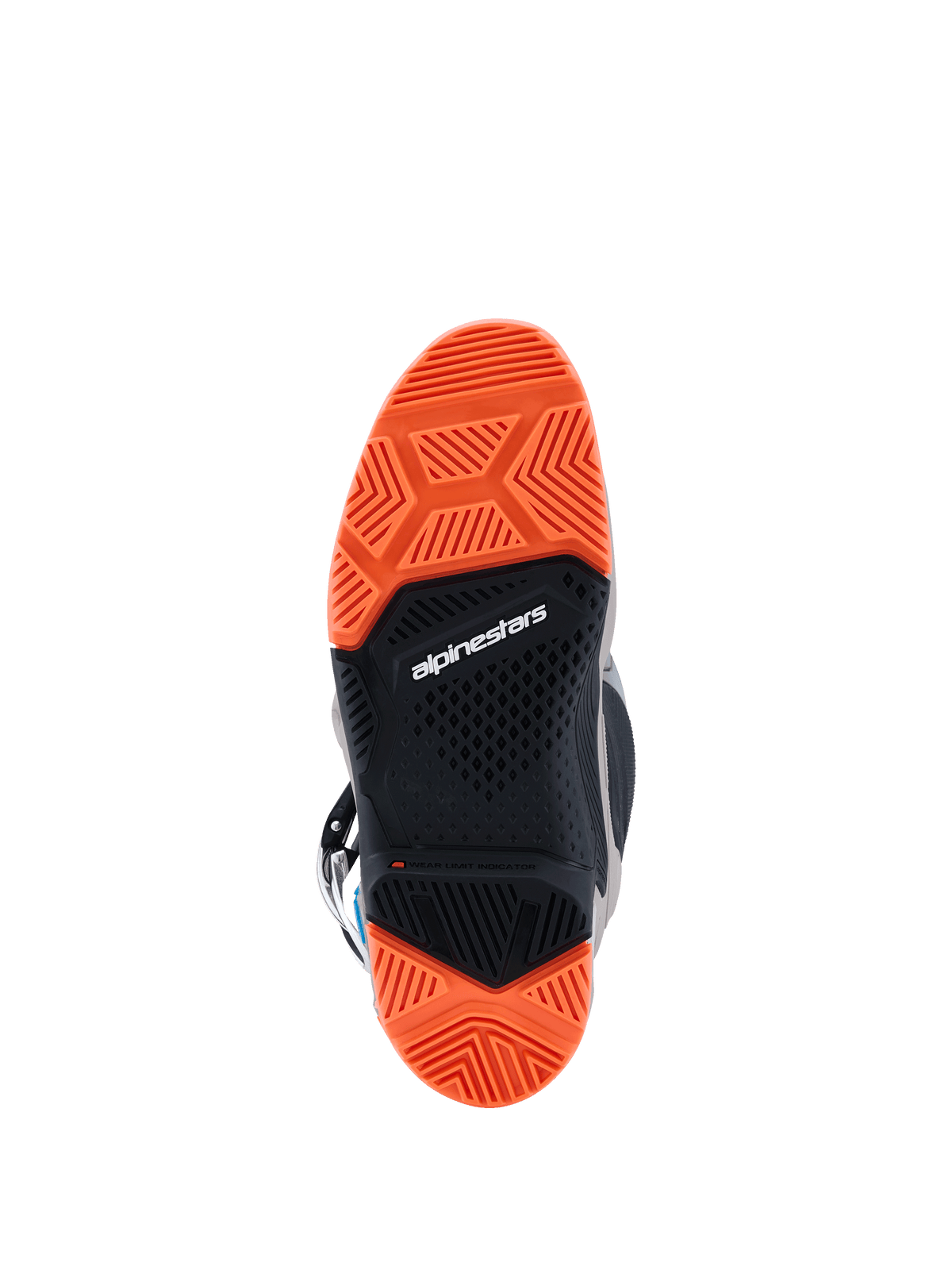 Alpinestars 2026 Tech 7 Enduro Laarzen, onderaanzicht van de gespecialiseerde dual-compound zool, Zwart en Orange Fluo, gedetailleerde loopvlakpatronen voor superieure off-road grip, met Alpinestars-branding en slijtage-indicator.