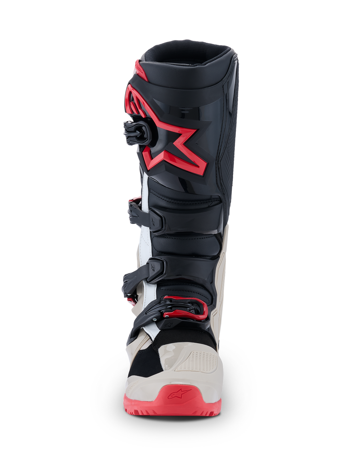 Alpinestars 2026 Tech 7 Enduro laarzen, motorcrosslaarzen, zwart, lichtgrijs en felrood, vooraanzicht met meervoudig gespsluitsysteem en rood ster-logo op het scheenbeen