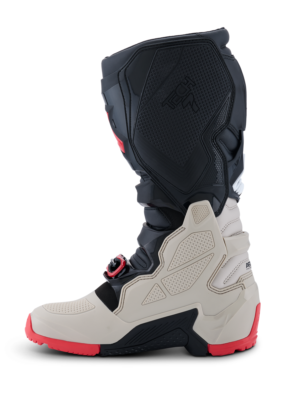 Alpinestars 2026 Tech 7 Enduro laarzen, off-road motorlaarzen, zwart, lichtgrijs en felrood, zijaanzicht met TPU-beschermpanelen, zelfuitlijnend gespsysteem en robuuste rode dual-compound zool voor enduro-rijden