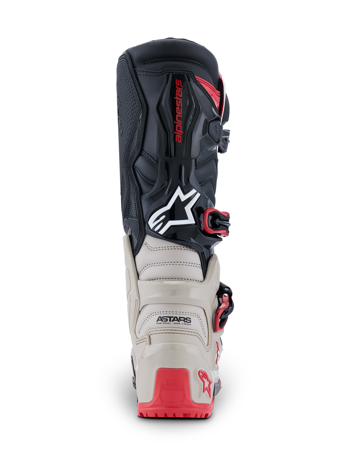 Alpinestars 2026 Tech 7 Enduro laarzen, achteraanzicht, zwart, lichtgrijs en felrood, voorzien van versterkte TPU-bescherming op de hiel en kuit, wit Astars-logo en rode gespaccenten, duurzame constructie voor off-road racen