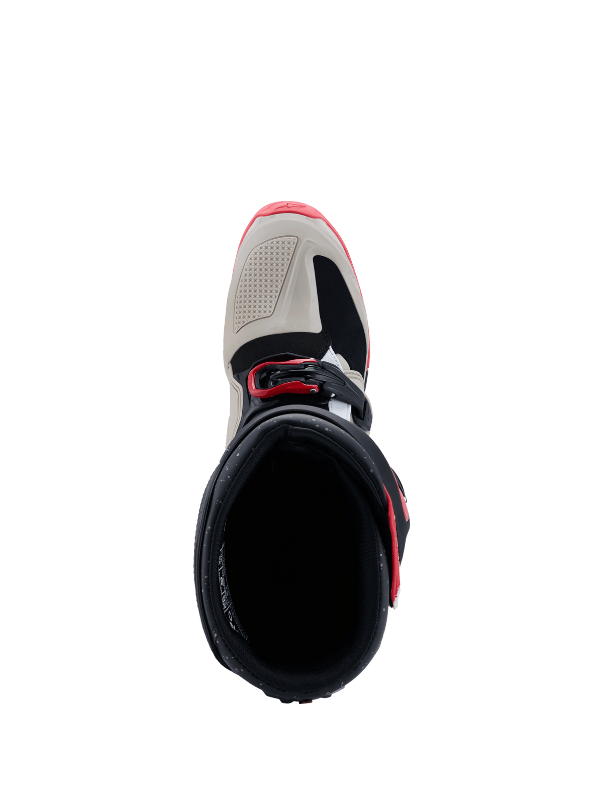 Alpinestars 2026 Tech 7 Enduro Laarzen, zwart, lichtgrijs en felrood, bovenaanzicht van de opening en de neus, met lichtgrijze TPU-verstevigingen en rode gespaccenten, gespecialiseerd off-road schoeisel.