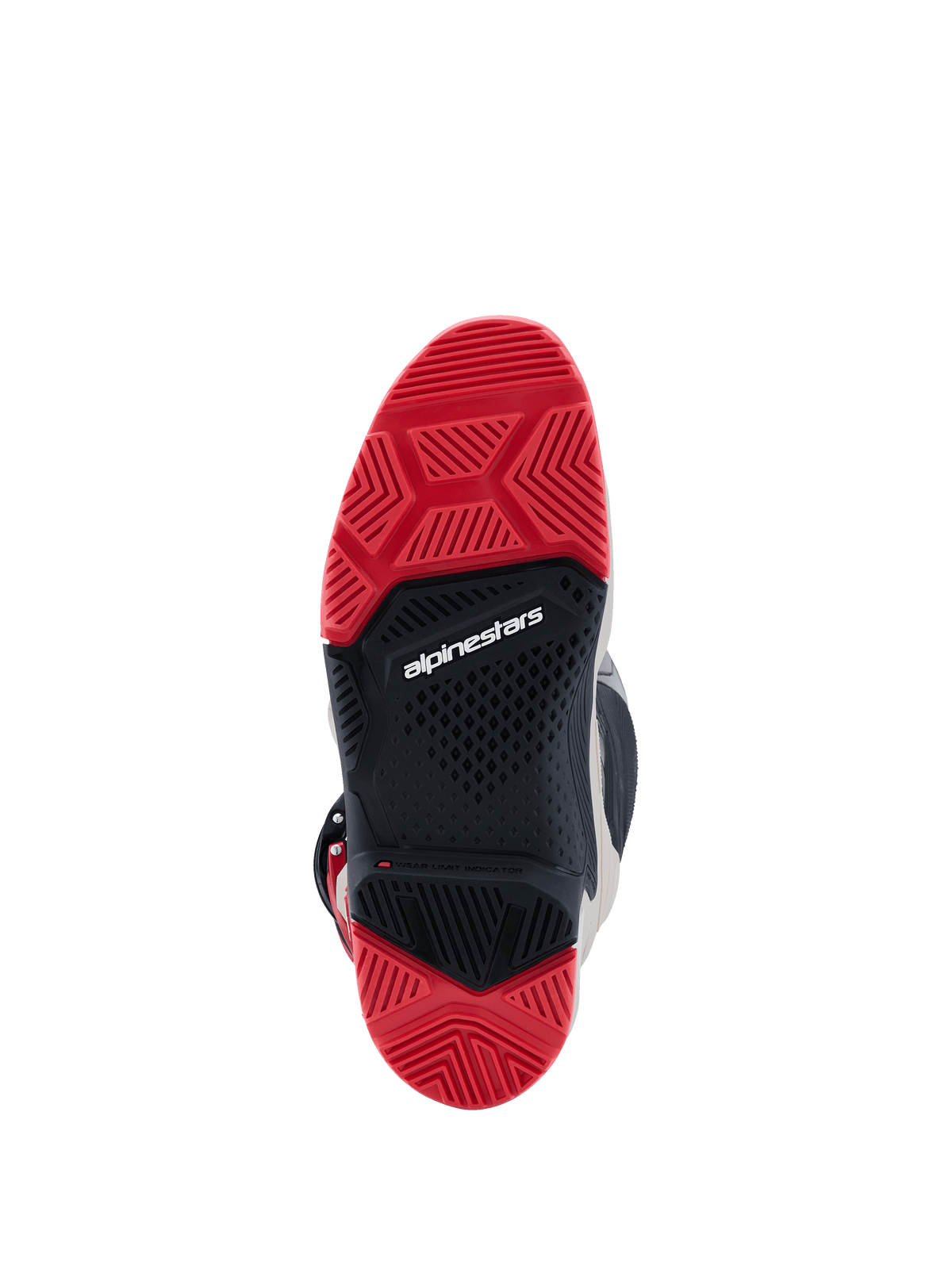 Alpinestars 2026 Tech 7 Enduro Boots, onderaanzicht van de dual compound zool, felrood en zwart rubber met een gespecialiseerd profiel voor off-road grip, voorzien van het witte Alpinestars-logo in het midden.