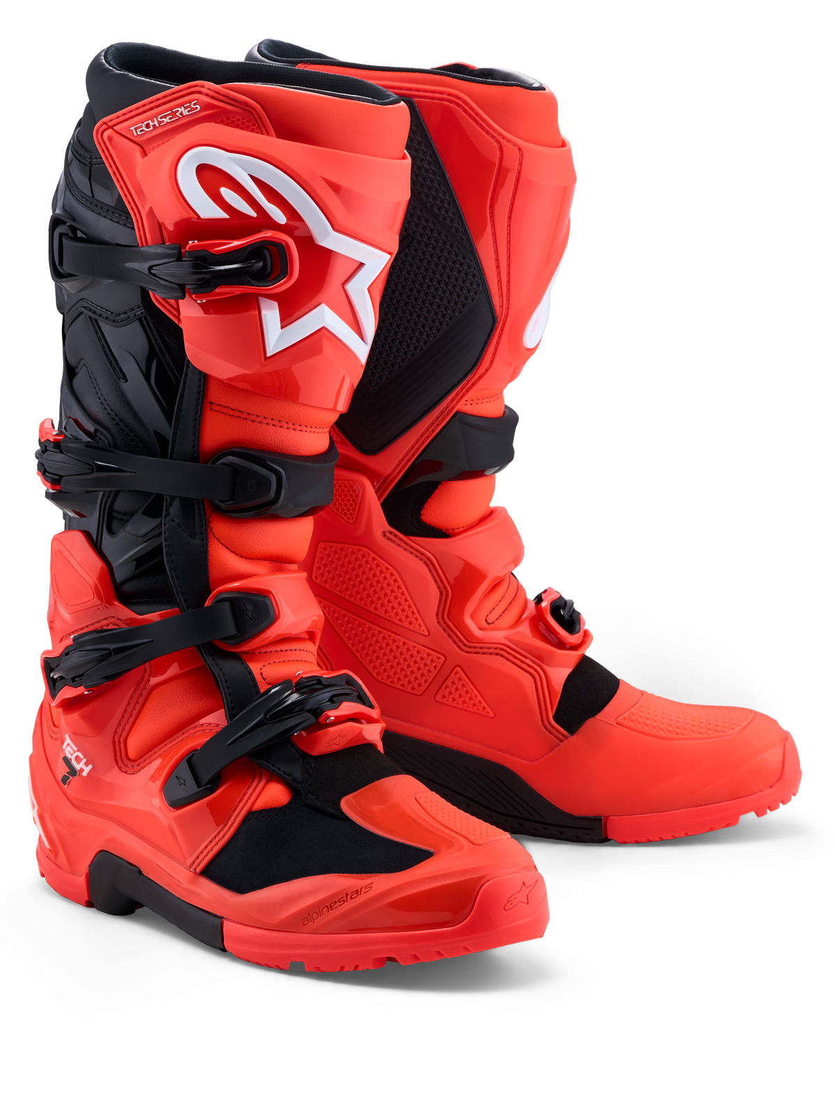 Alpinestars Tech 7 Enduro laarzen, motorcrosslaarzen, rood en zwart, TPU-bescherming en gespsluiting, CE-gecertificeerd.